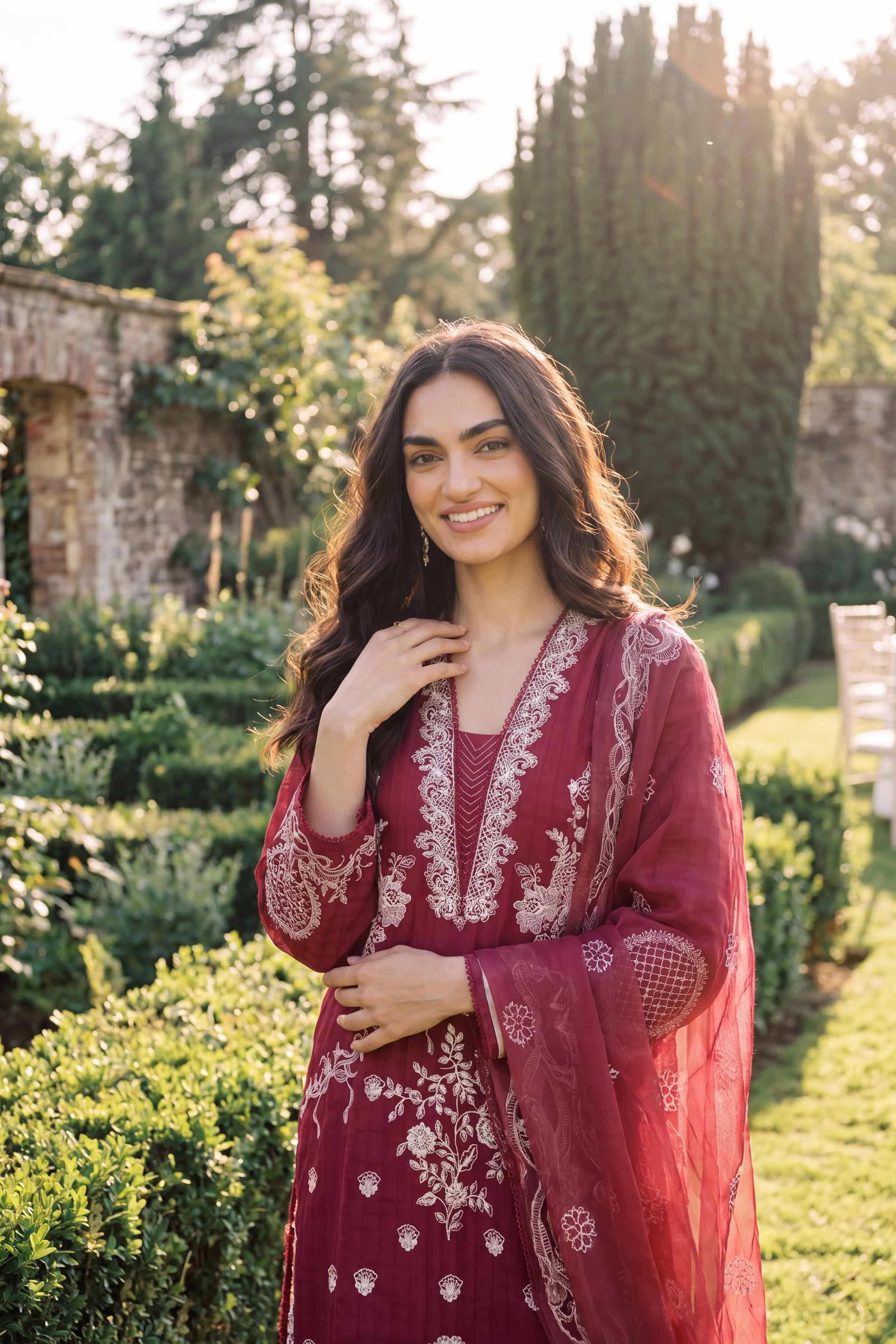 Nishat UK - Red Embroidered Lawn 3 Piece ready to wear Suit