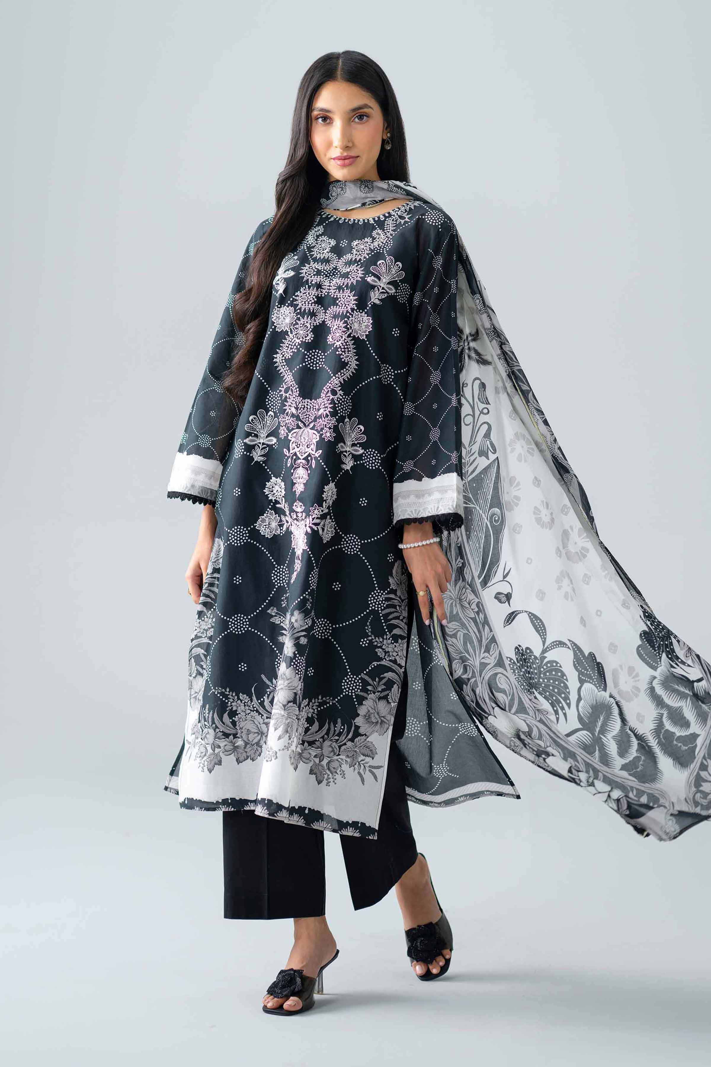 Nishat UK - Black Embroidered Lawn 3 Pieces ready to wear Suit