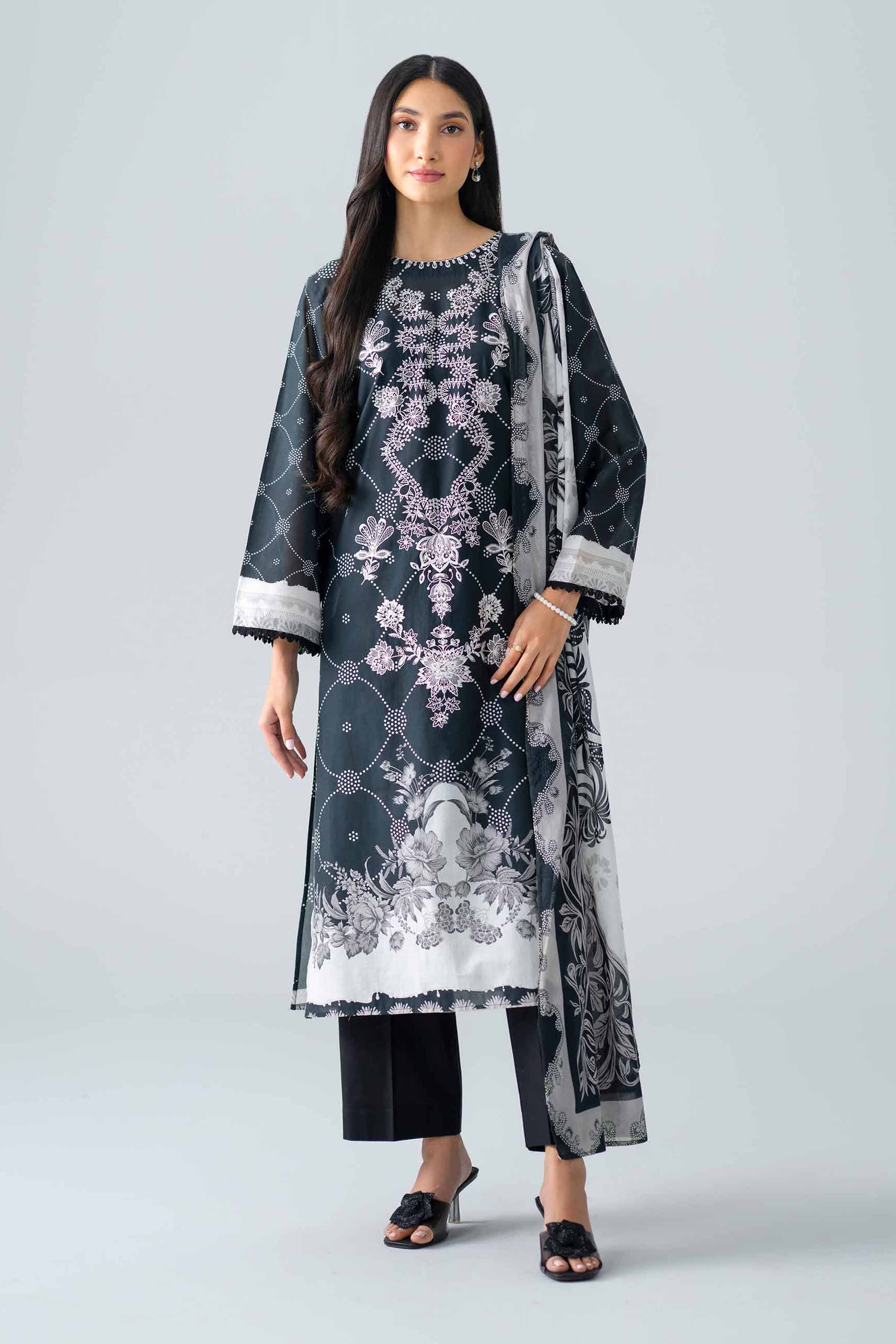 Nishat UK - Black Embroidered Lawn 3 Pieces ready to wear Suit
