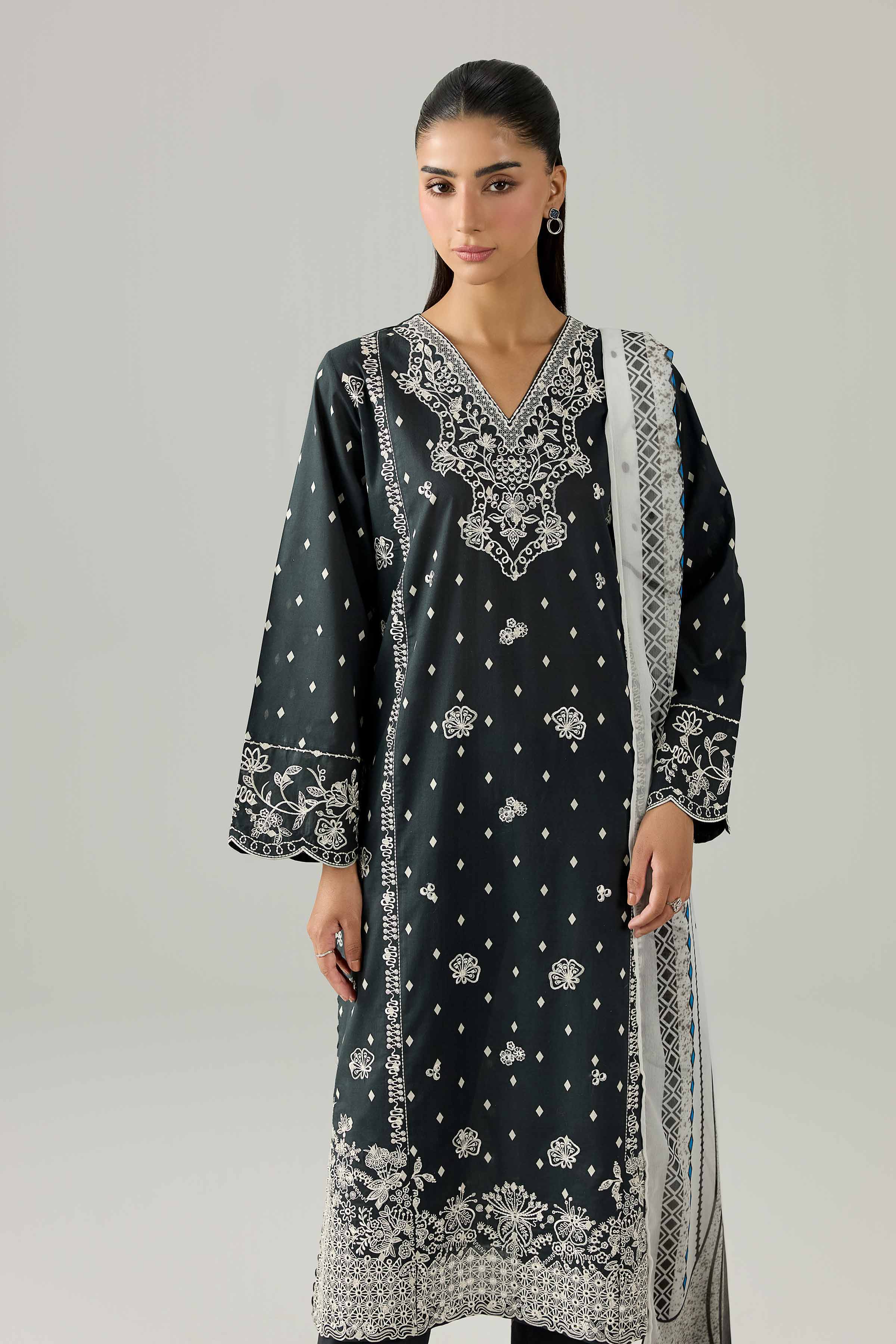 Nishat UK - Black Embroidered Cambric 3 Pieces ready to wear Suit
