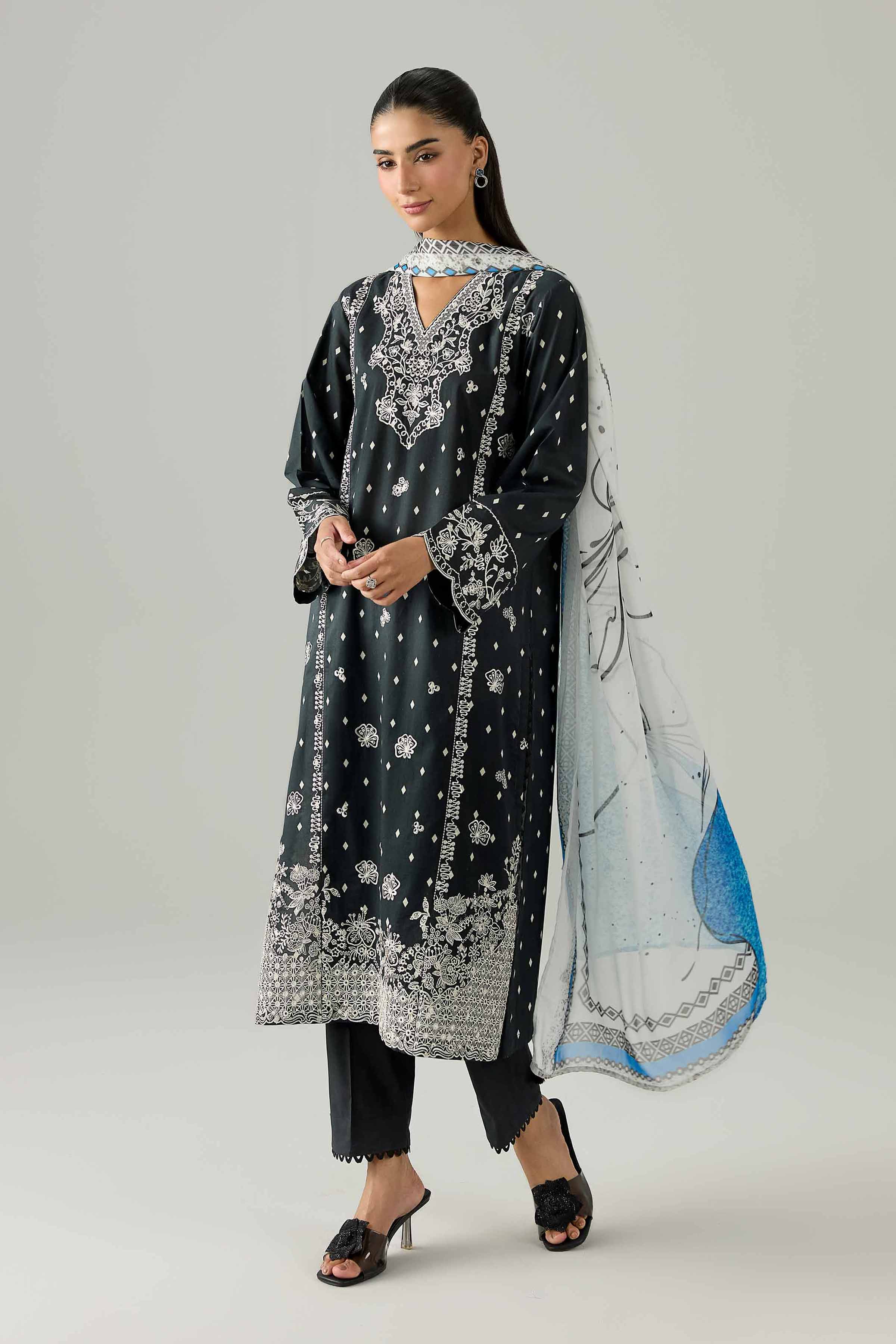 Nishat UK - Black Embroidered Cambric 3 Pieces ready to wear Suit