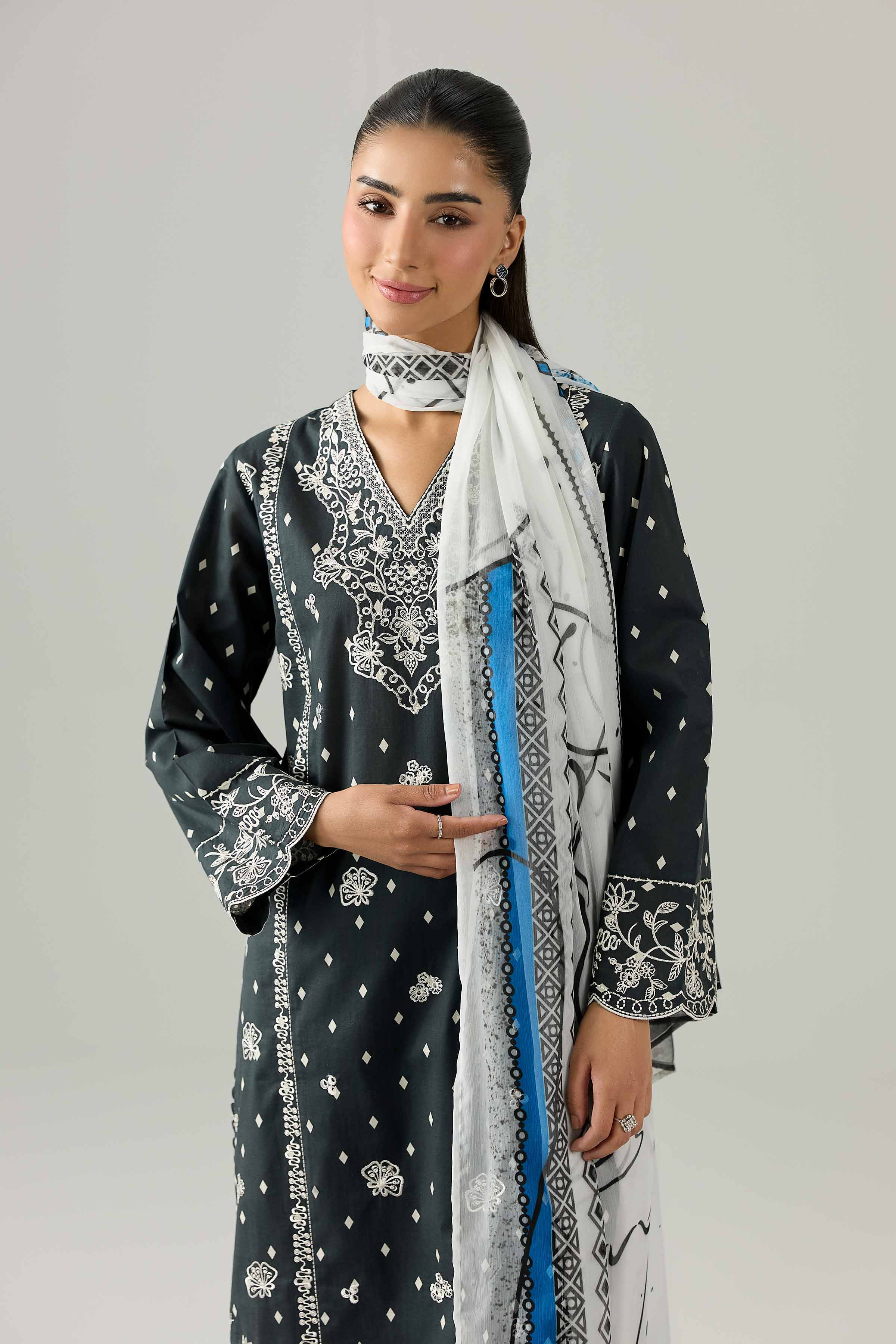 Nishat UK - Black Embroidered Cambric 3 Pieces ready to wear Suit