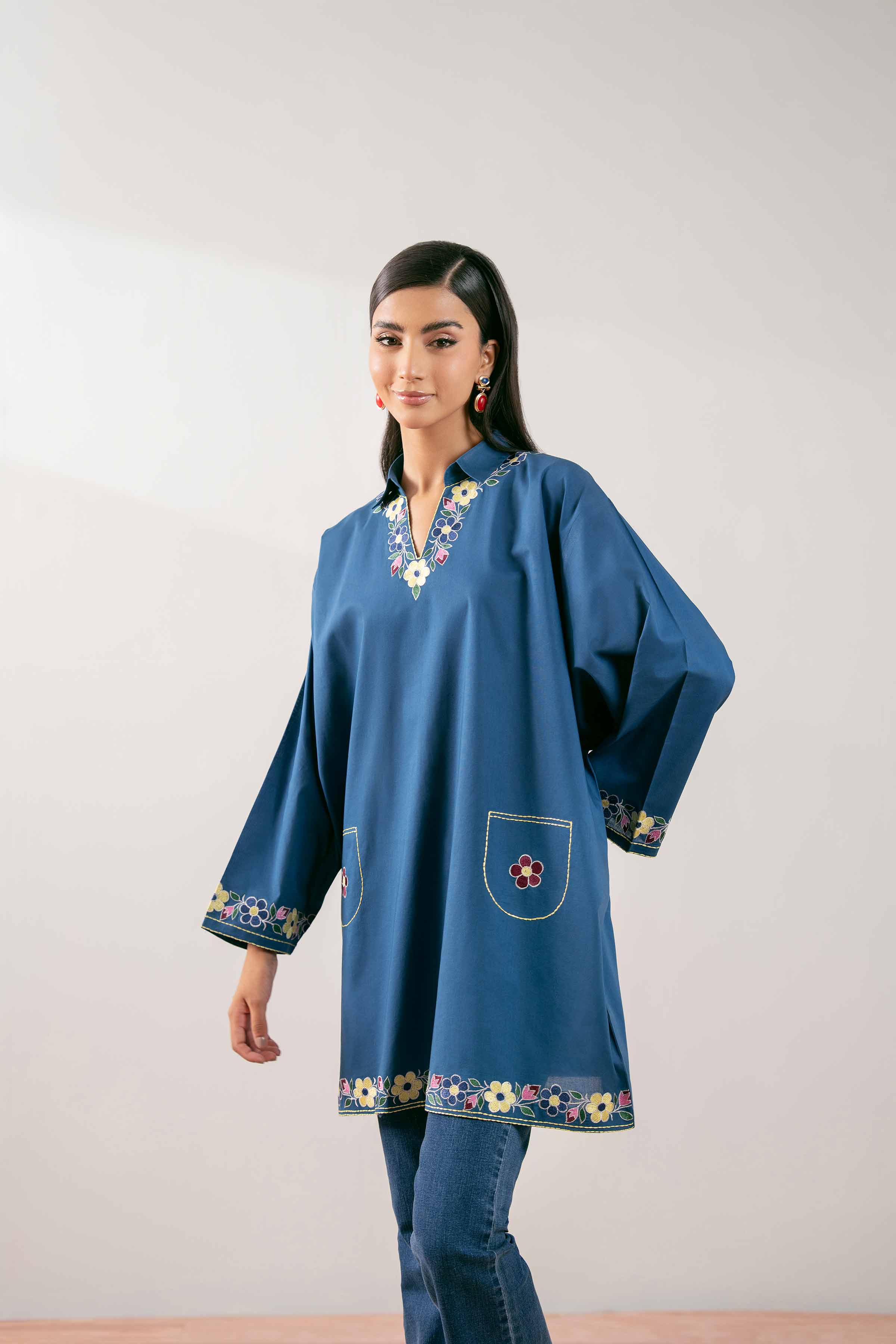 NishatUK - Royal Blue Embroidered Cambric 1-piece ready to wear Tunic