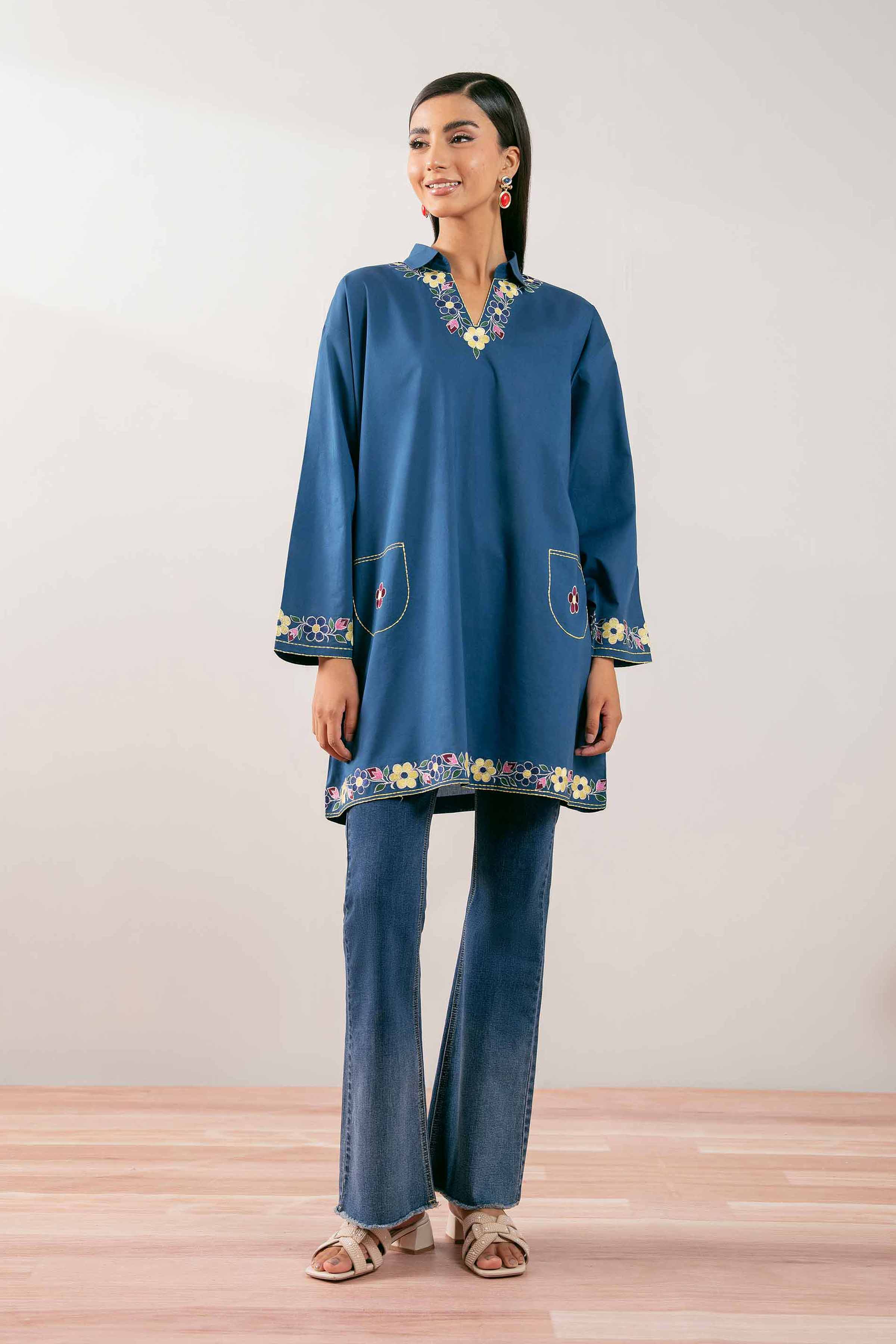 NishatUK - Royal Blue Embroidered Cambric 1-piece ready to wear Tunic