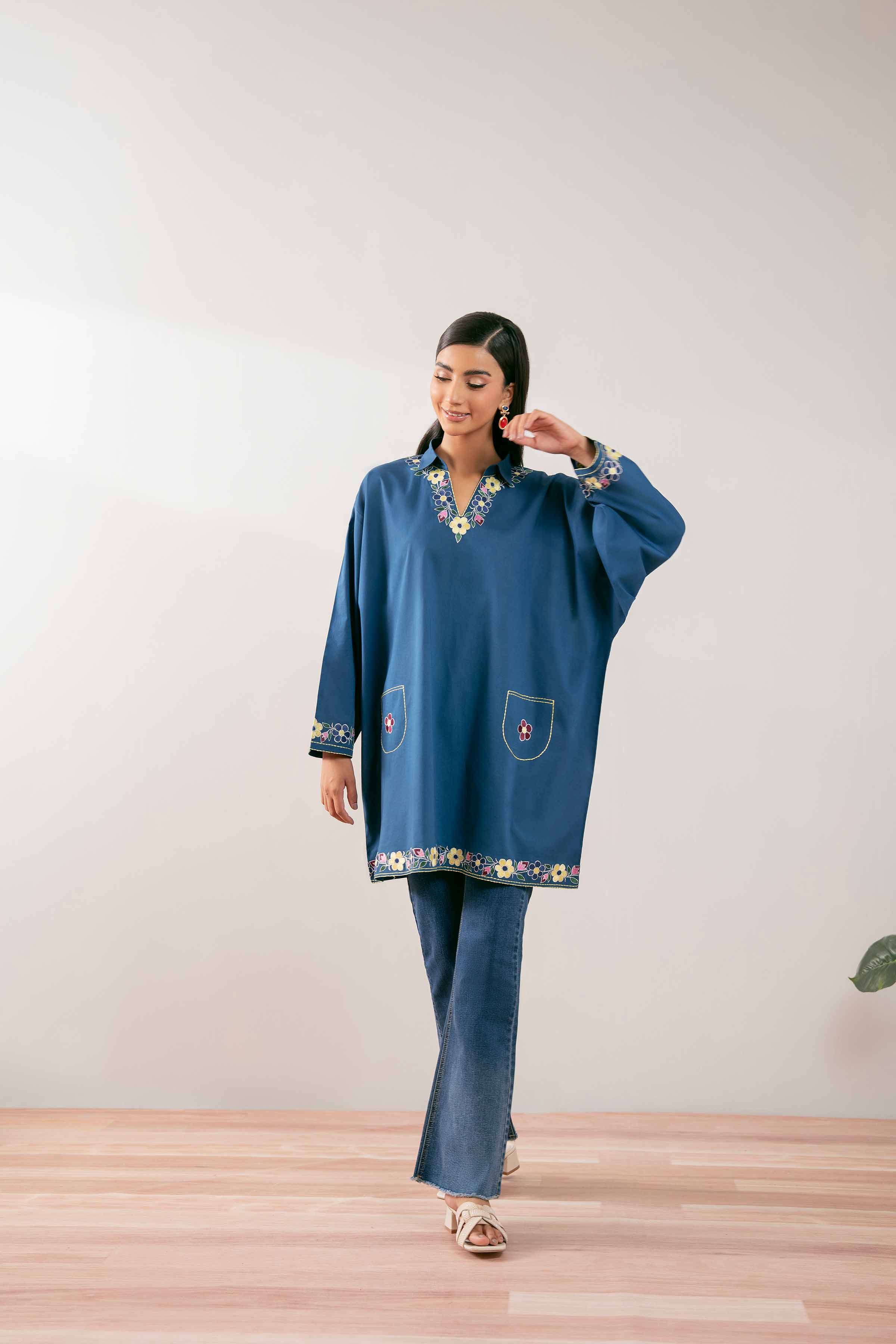 NishatUK - Royal Blue Embroidered Cambric 1-piece ready to wear Tunic