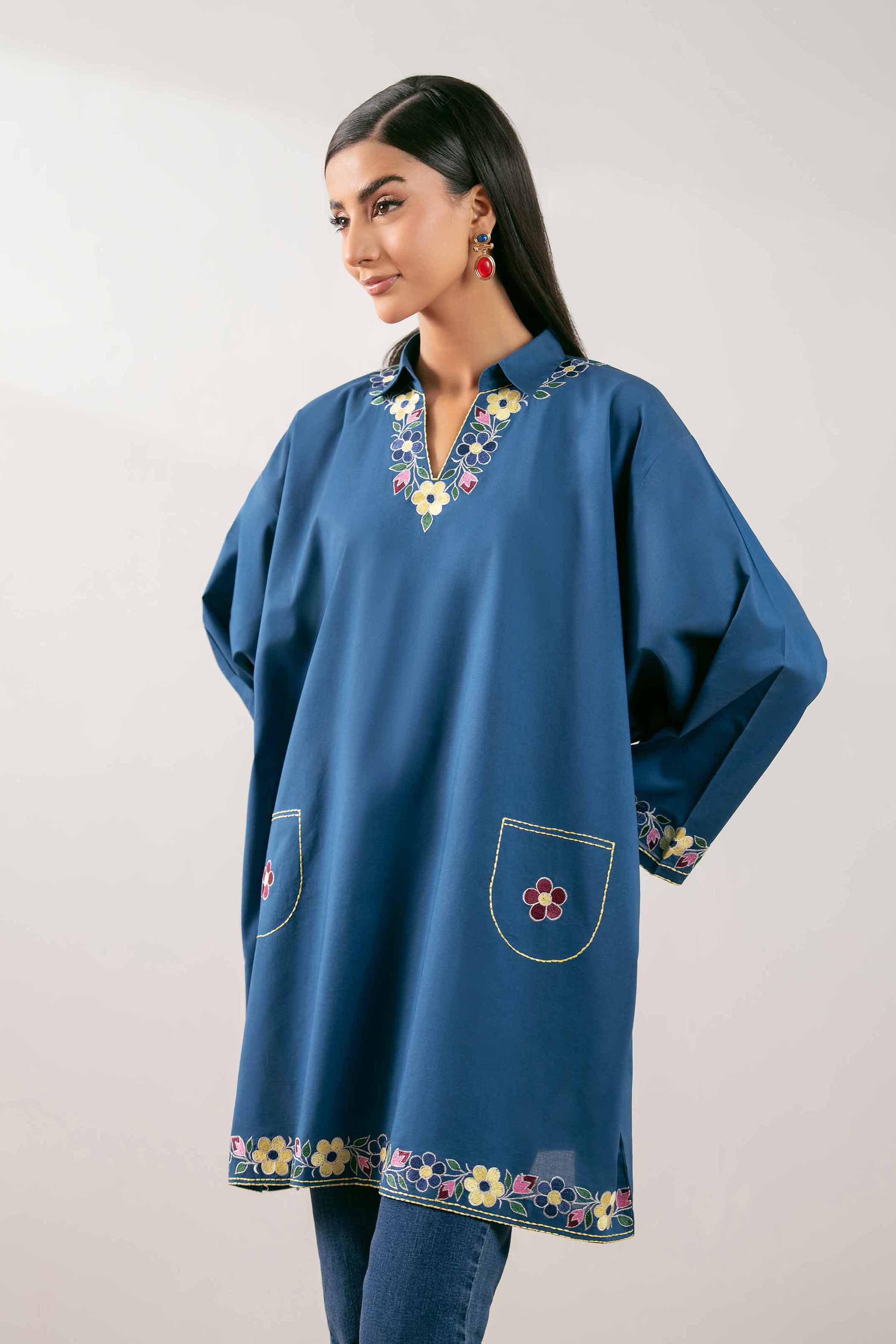 NishatUK - Royal Blue Embroidered Cambric 1-piece ready to wear Tunic
