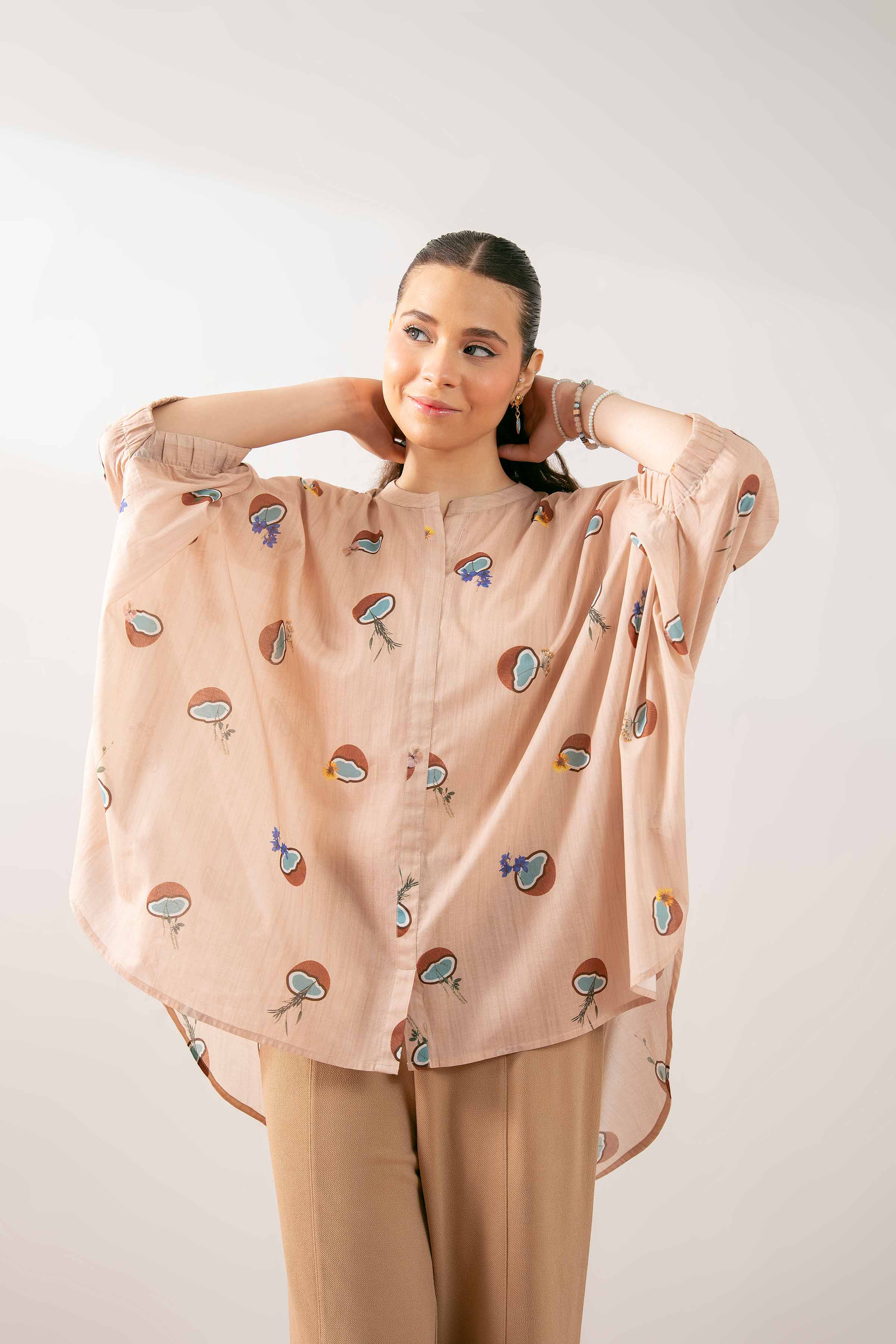 NishatUK - Beige Printed  Cambric 1-piece ready to wear Tunic