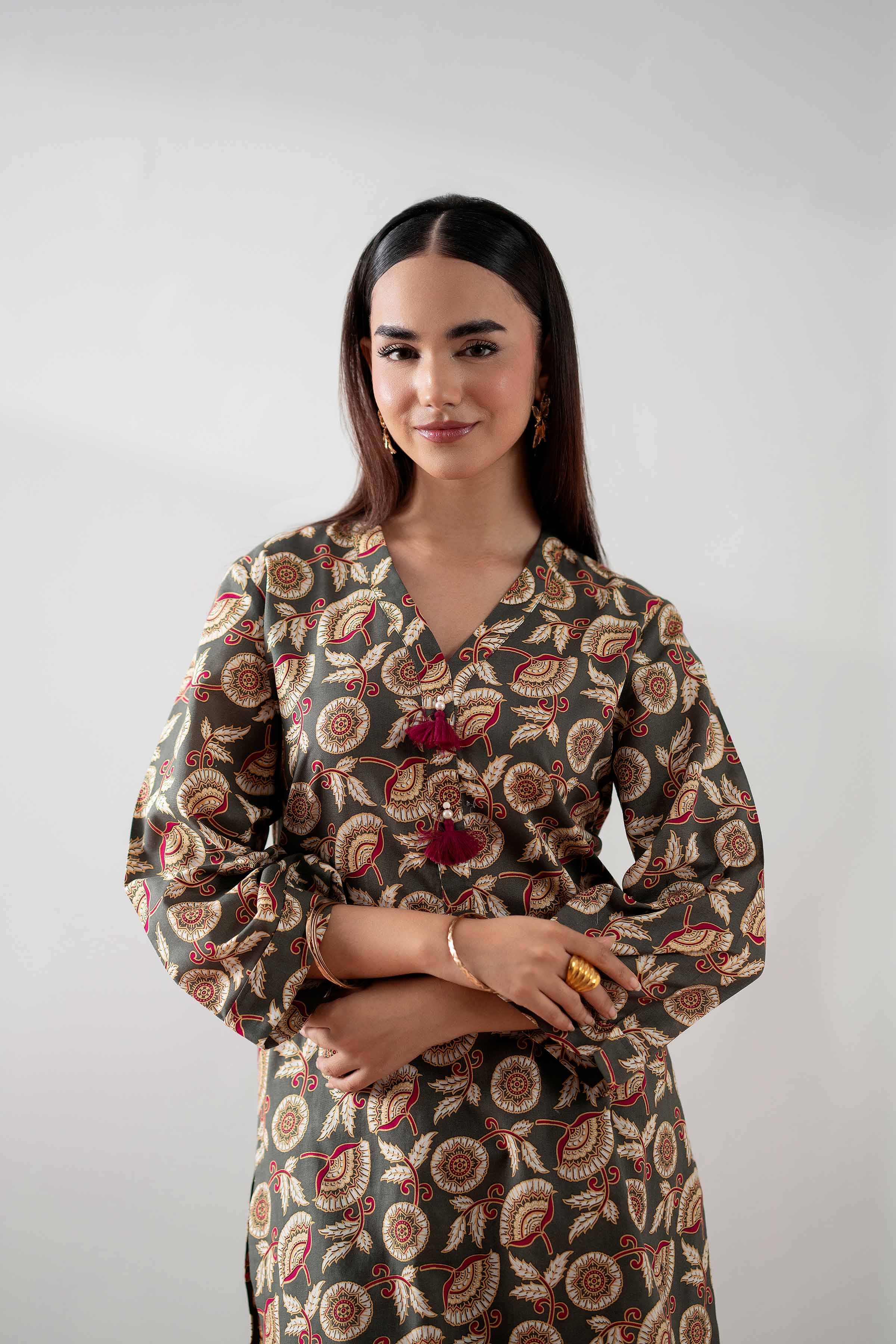 NishatUK - Olive Green Printed  Cambric 2-piece ready to wear Dress
