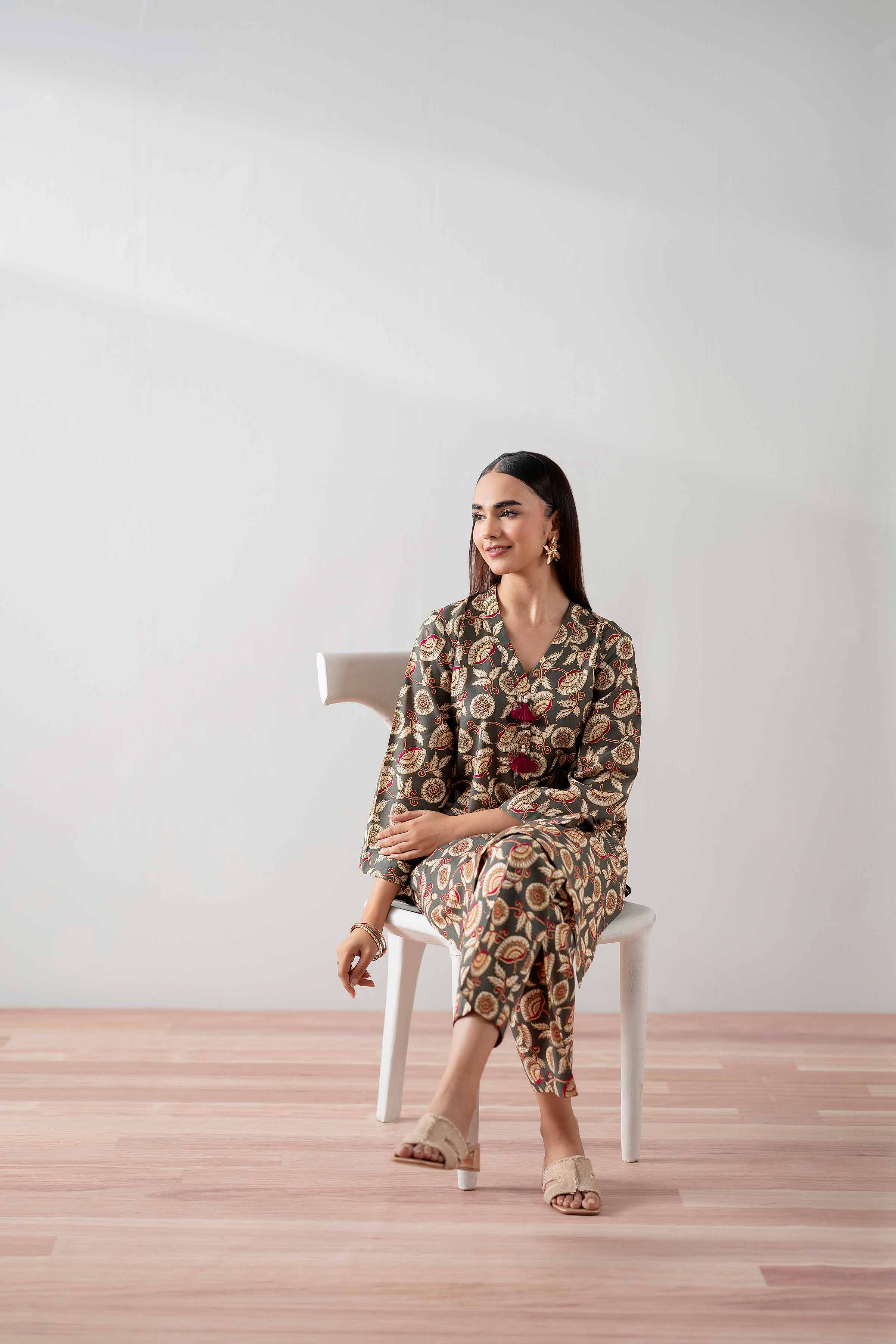 NishatUK - Olive Green Printed  Cambric 2-piece ready to wear Dress