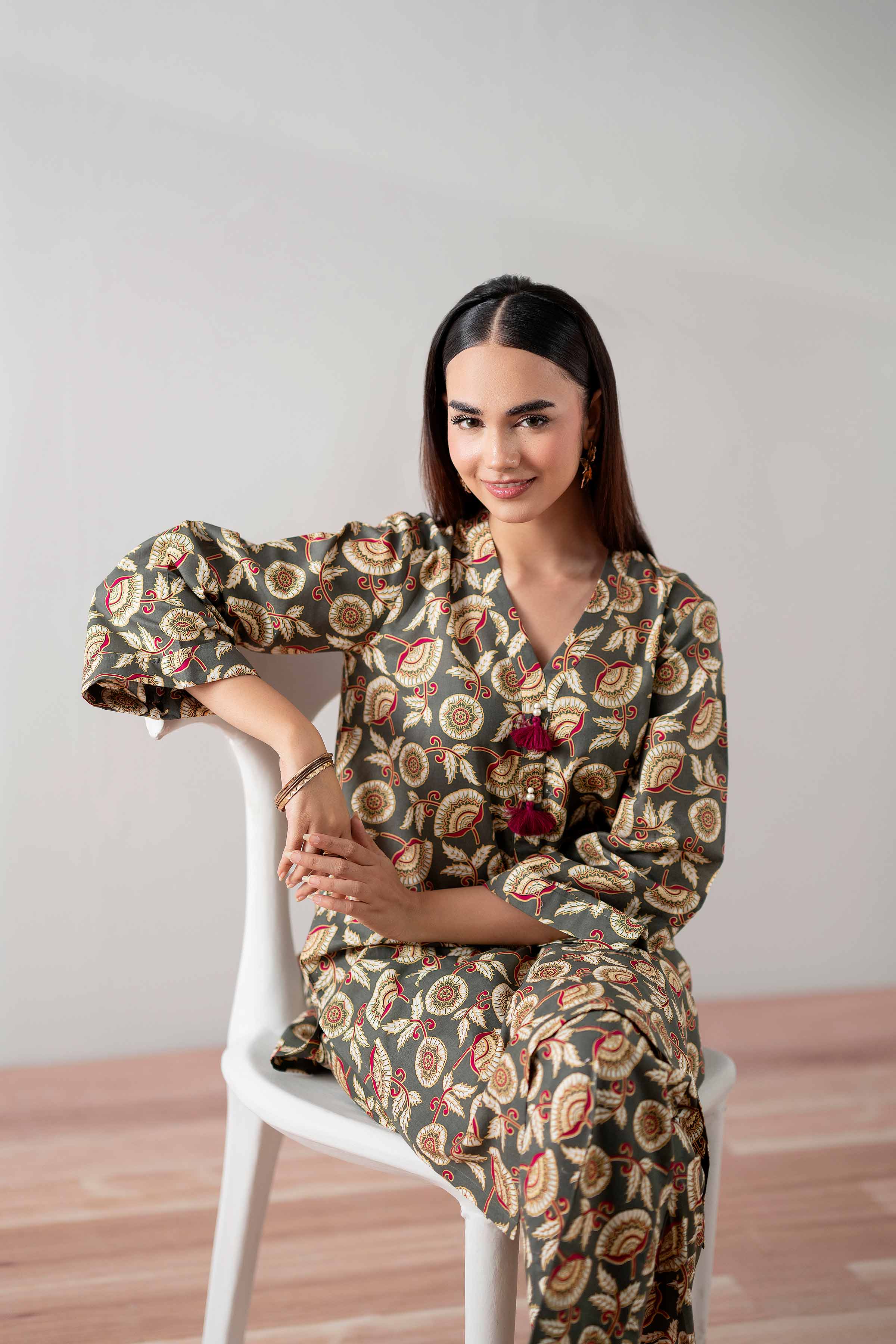 NishatUK - Olive Green Printed  Cambric 2-piece ready to wear Dress