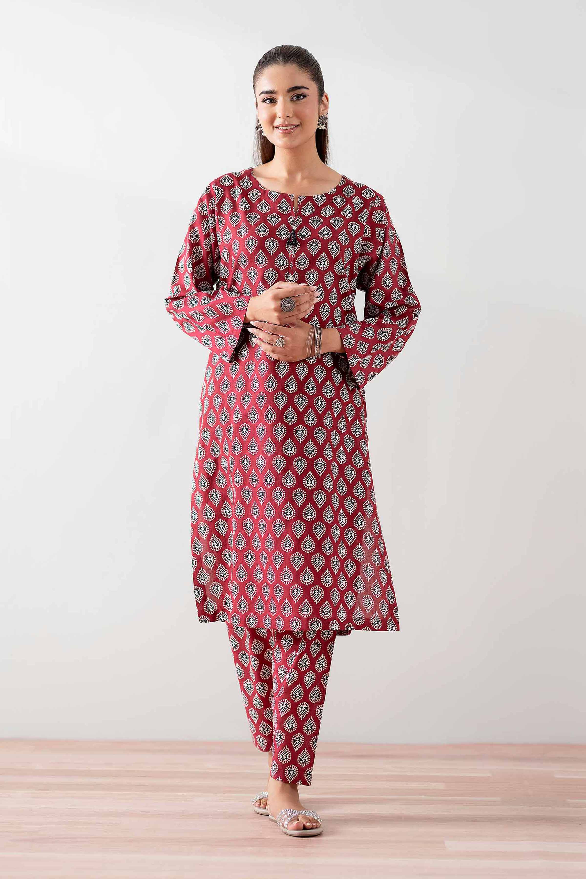NishatUK - Maroon Printed  Cambric 2-piece ready to wear Dress