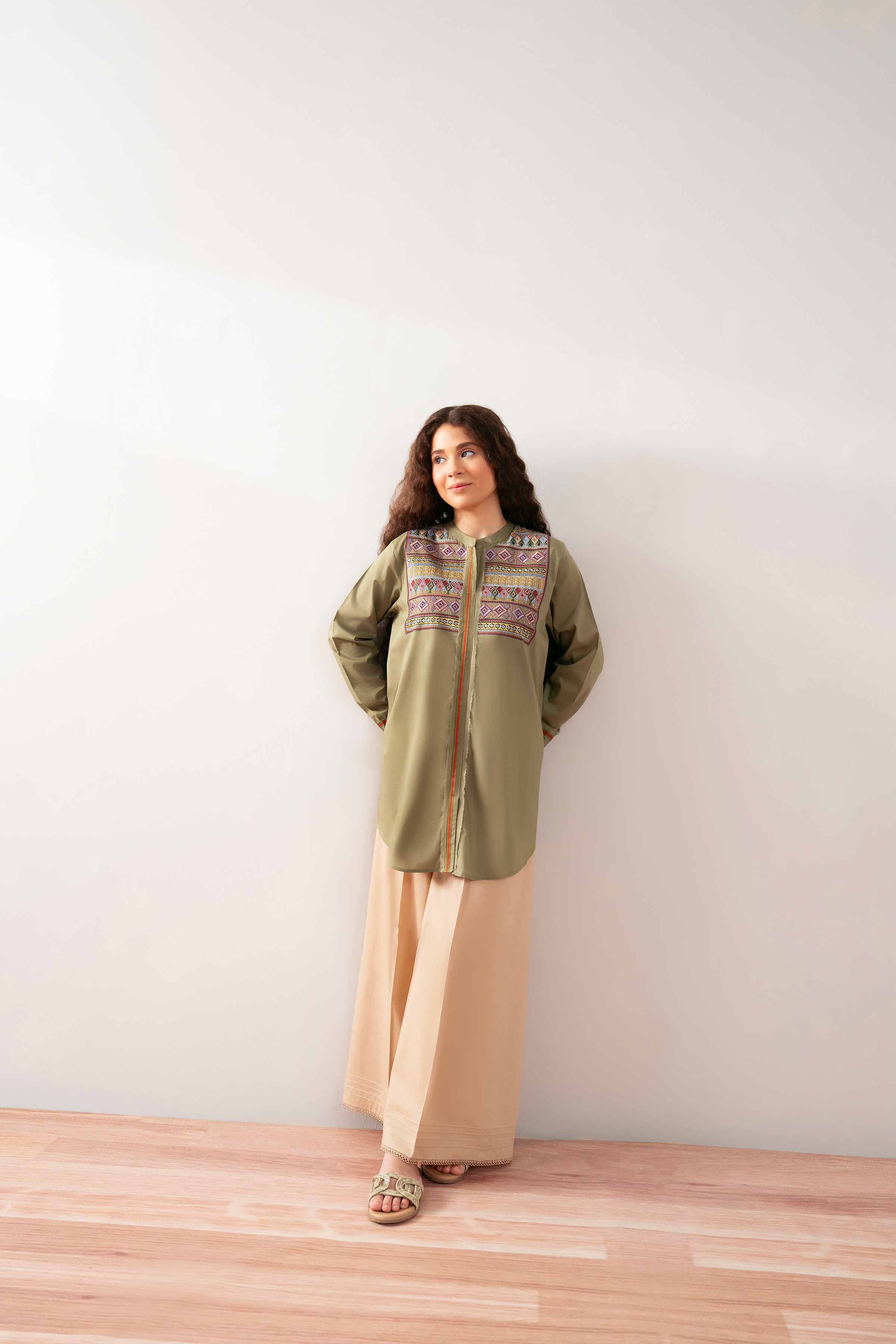 NishatUK - Olive Green Embroidered Cambric 1-piece ready to wear Tunic