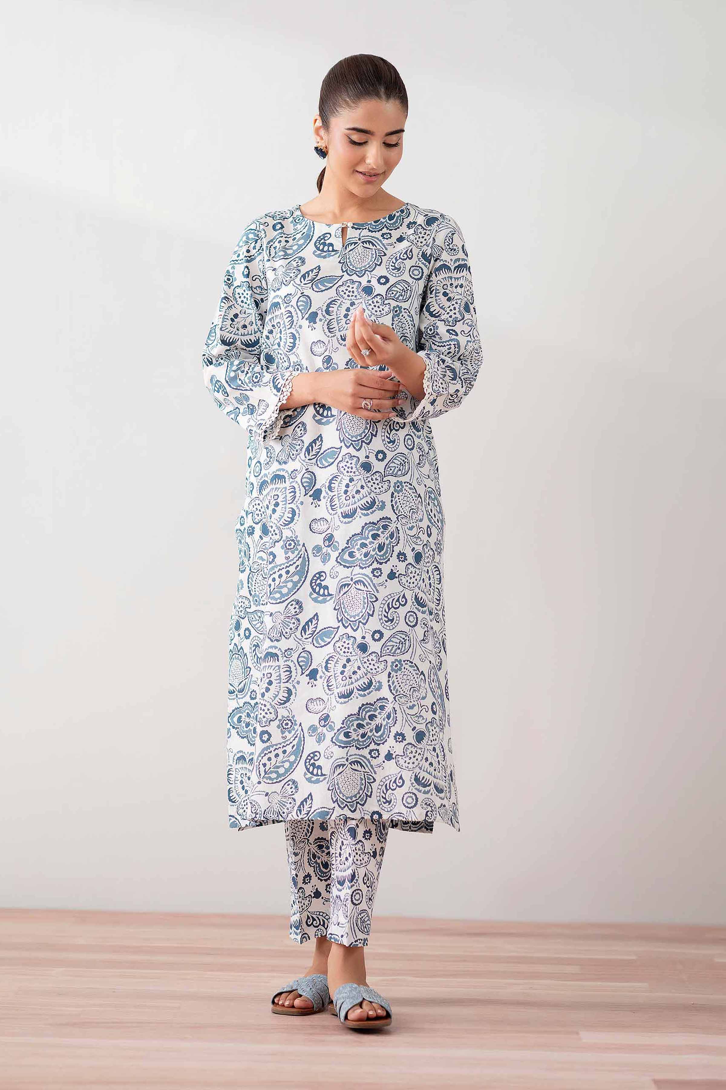 NishatUK - White Printed  Cambric 2-piece ready to wear Dress