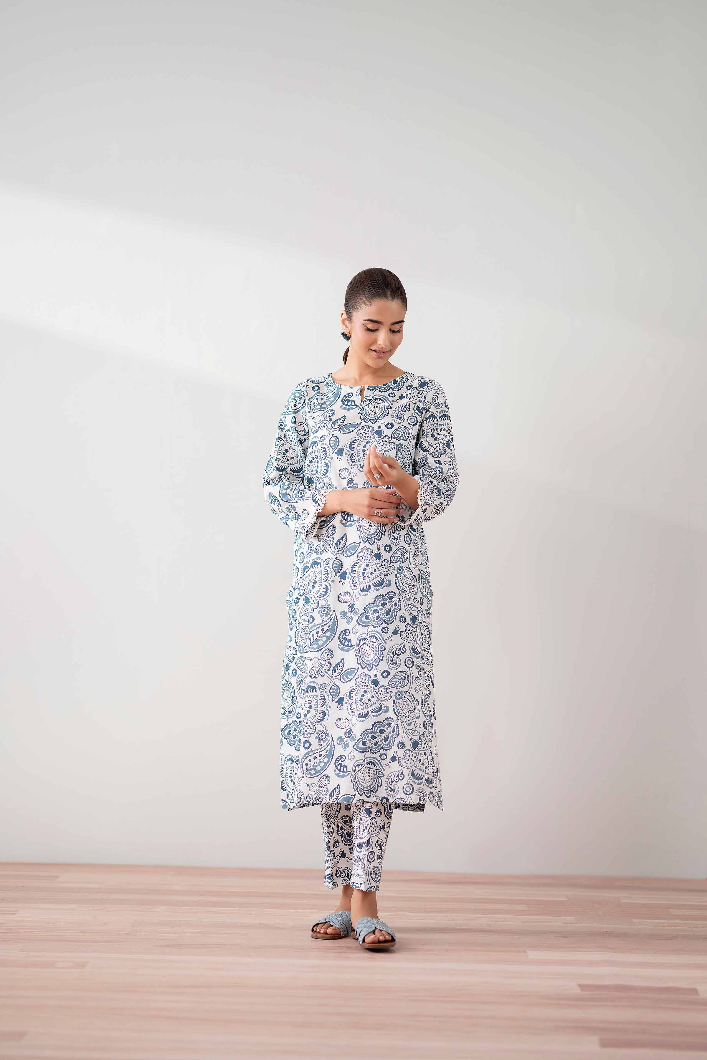 NishatUK - White Printed  Cambric 2-piece ready to wear Dress