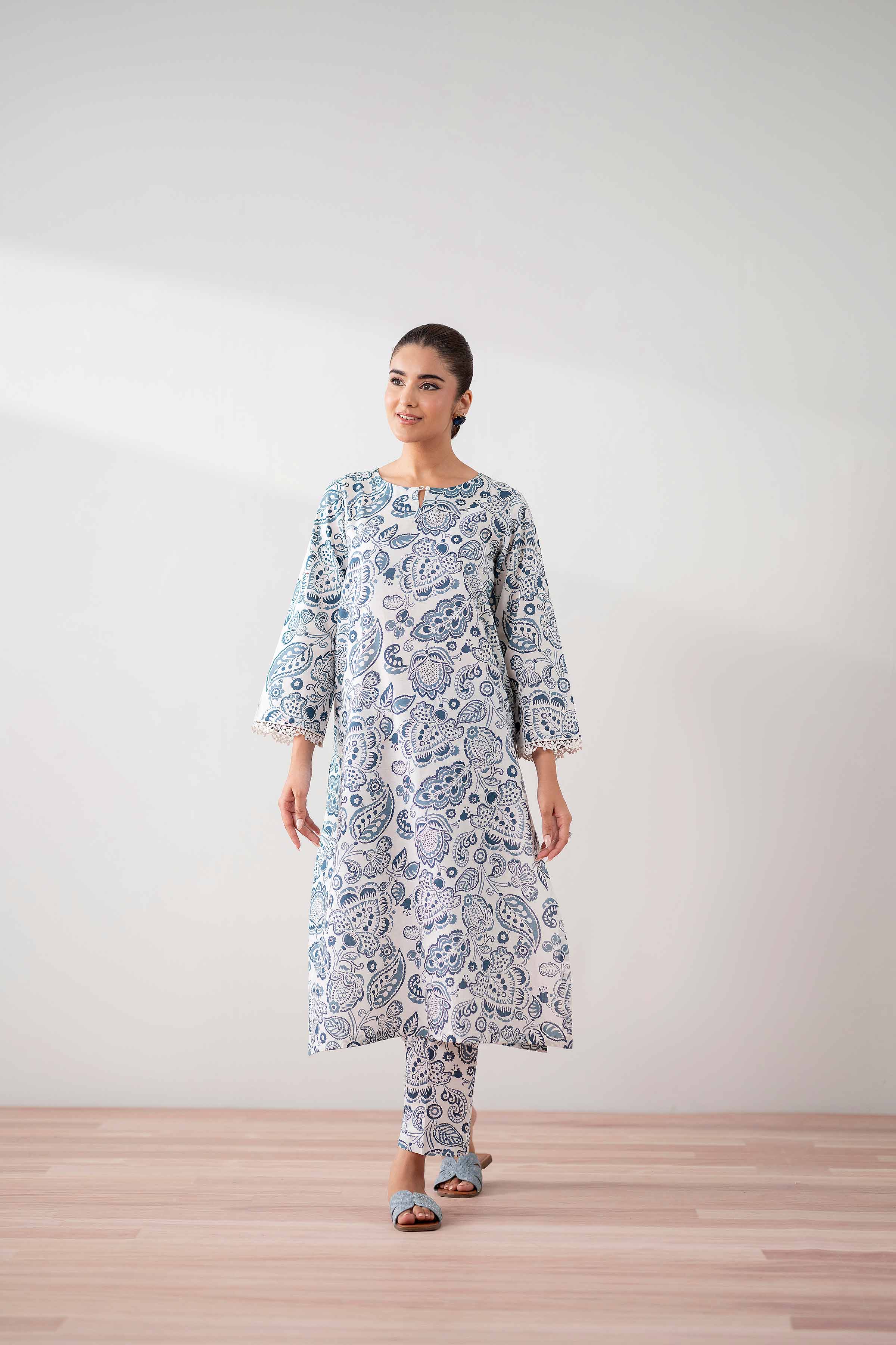 NishatUK - White Printed  Cambric 2-piece ready to wear Dress