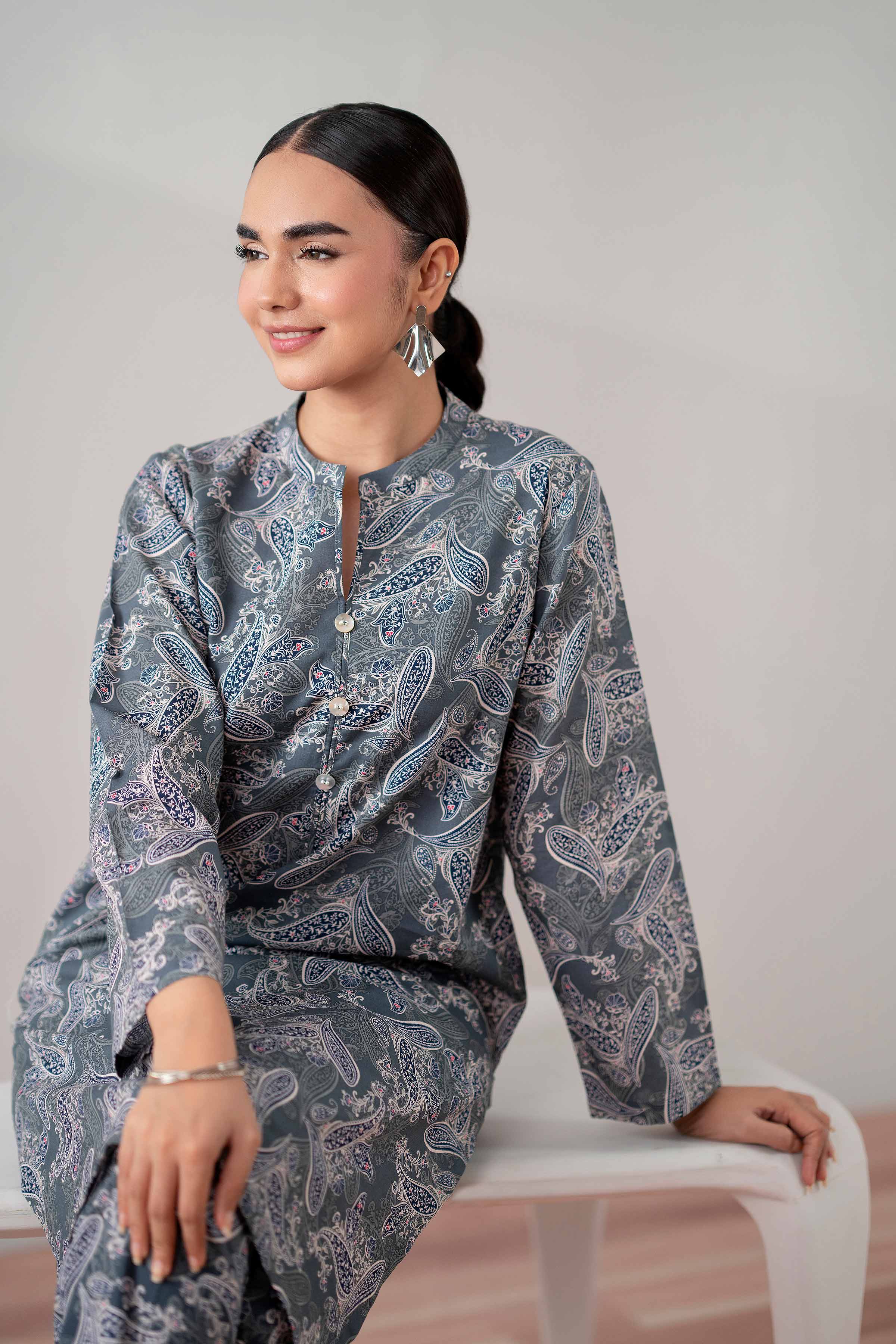 NishatUK - Grey Printed  Cambric 2-piece ready to wear Dress