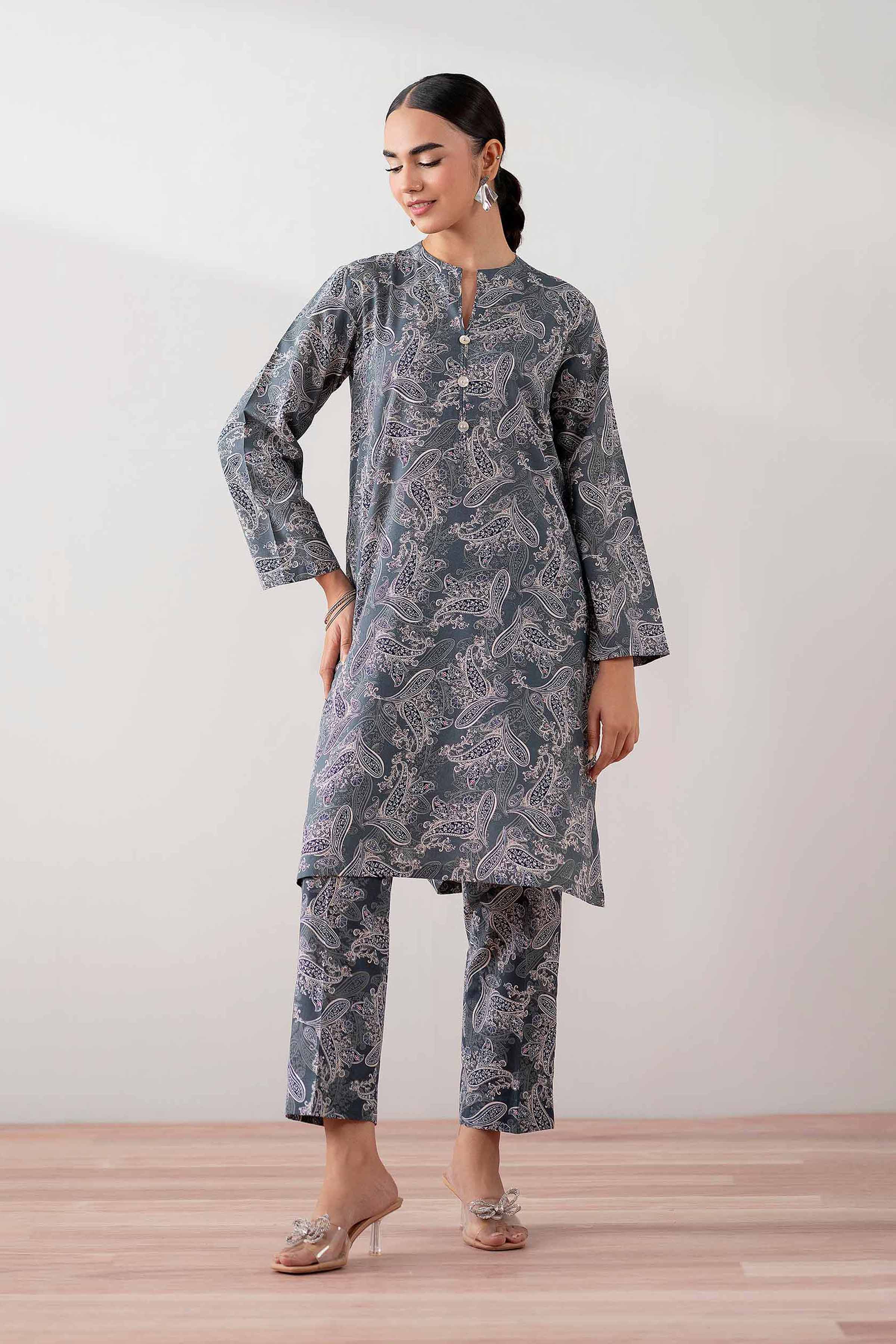 NishatUK - Grey Printed  Cambric 2-piece ready to wear Dress