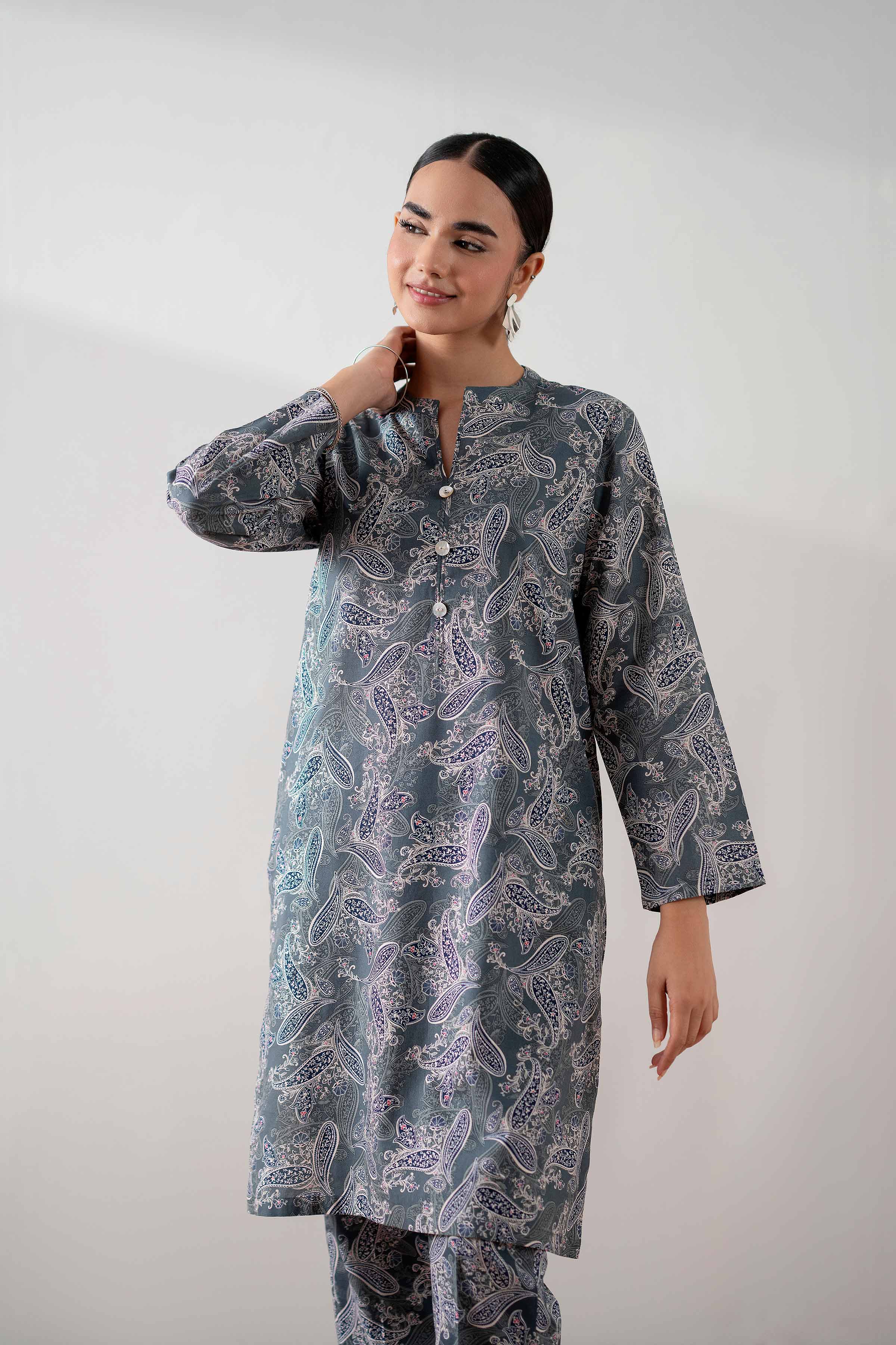 NishatUK - Grey Printed  Cambric 2-piece ready to wear Dress