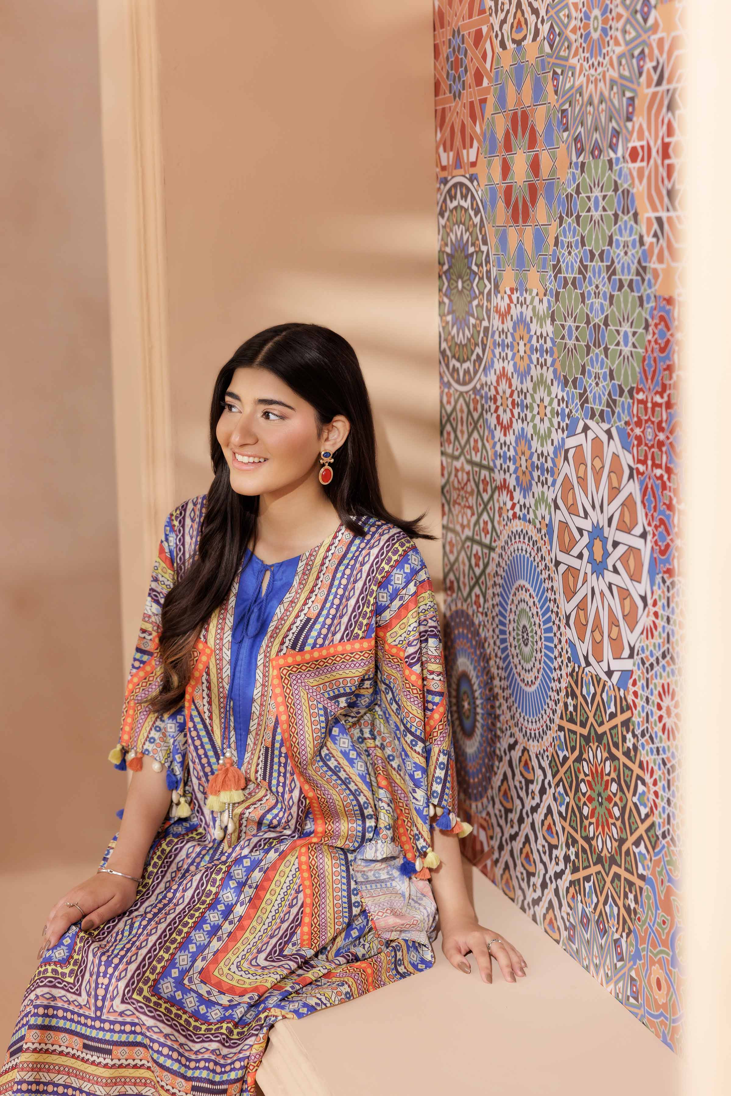 NishatUK - Multi Printed  Dobby 1-piece ready to wear Kaftan