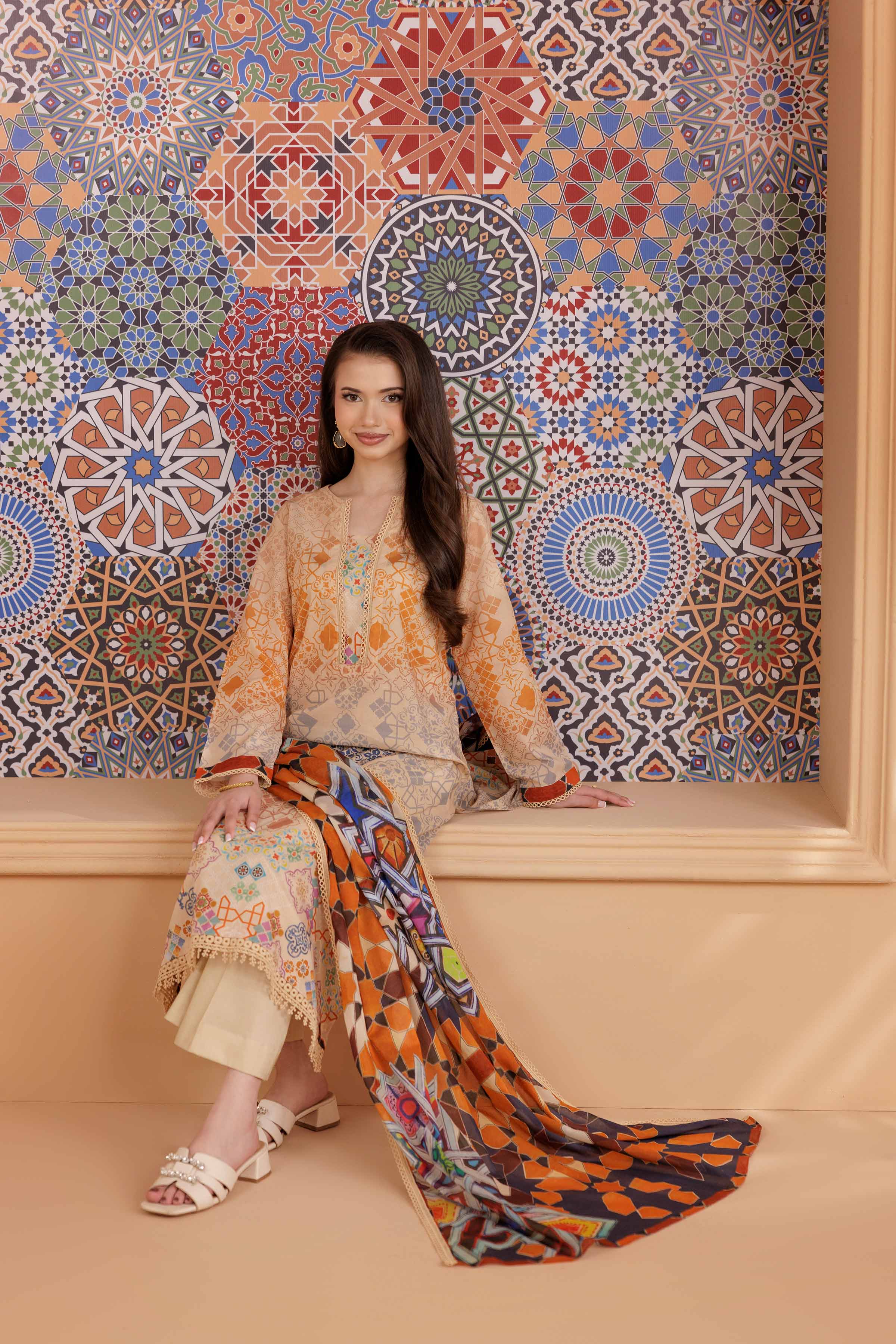 NishatUK - Beige Printed  Cambric 2-piece ready to wear Dress