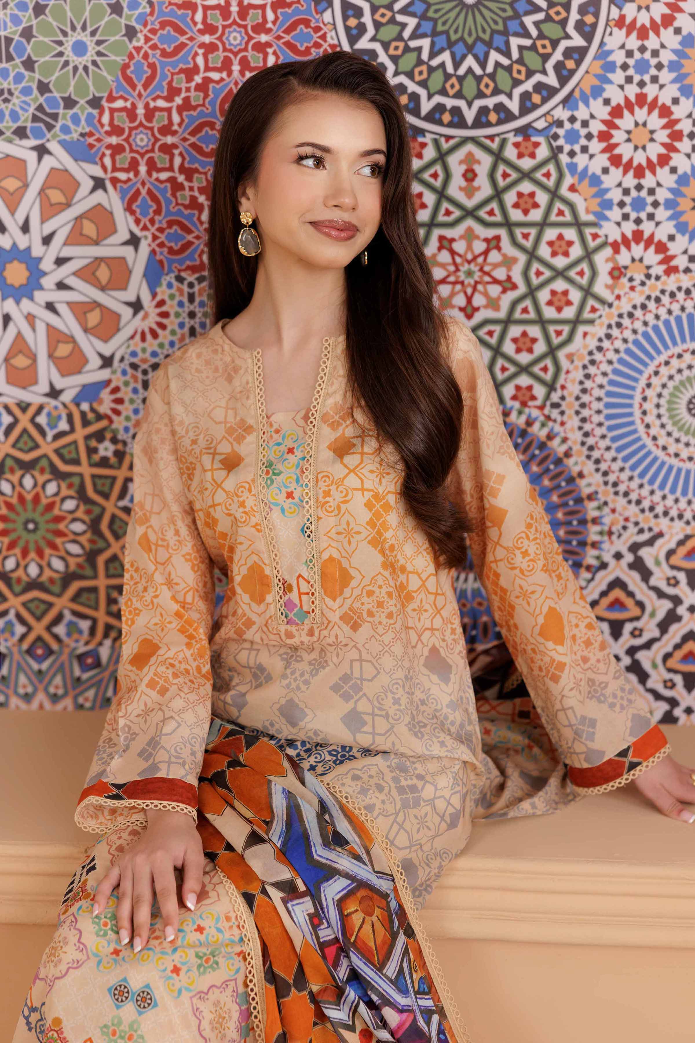 NishatUK - Beige Printed  Cambric 2-piece ready to wear Dress