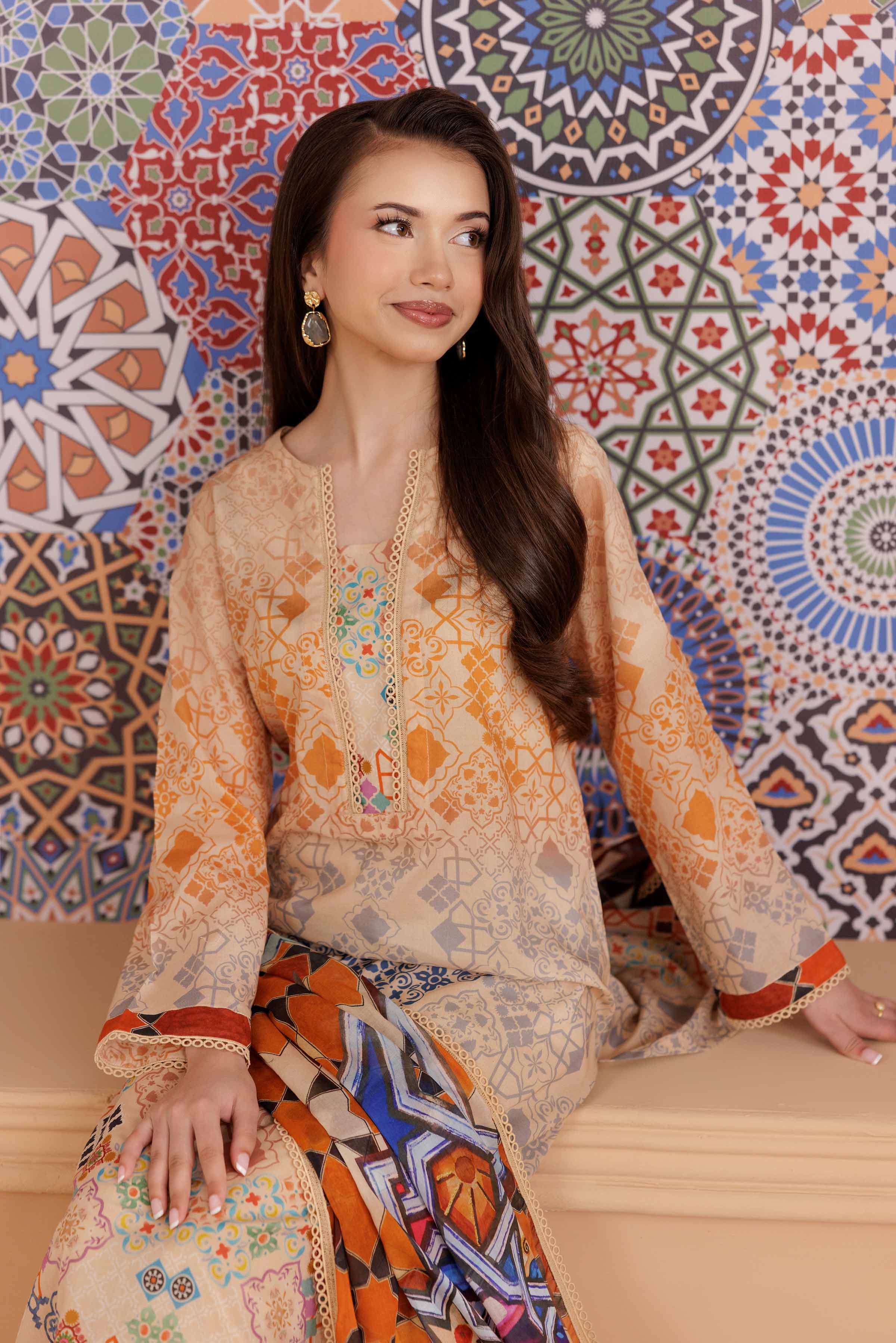 NishatUK - Beige Printed  Cambric 2-piece ready to wear Dress