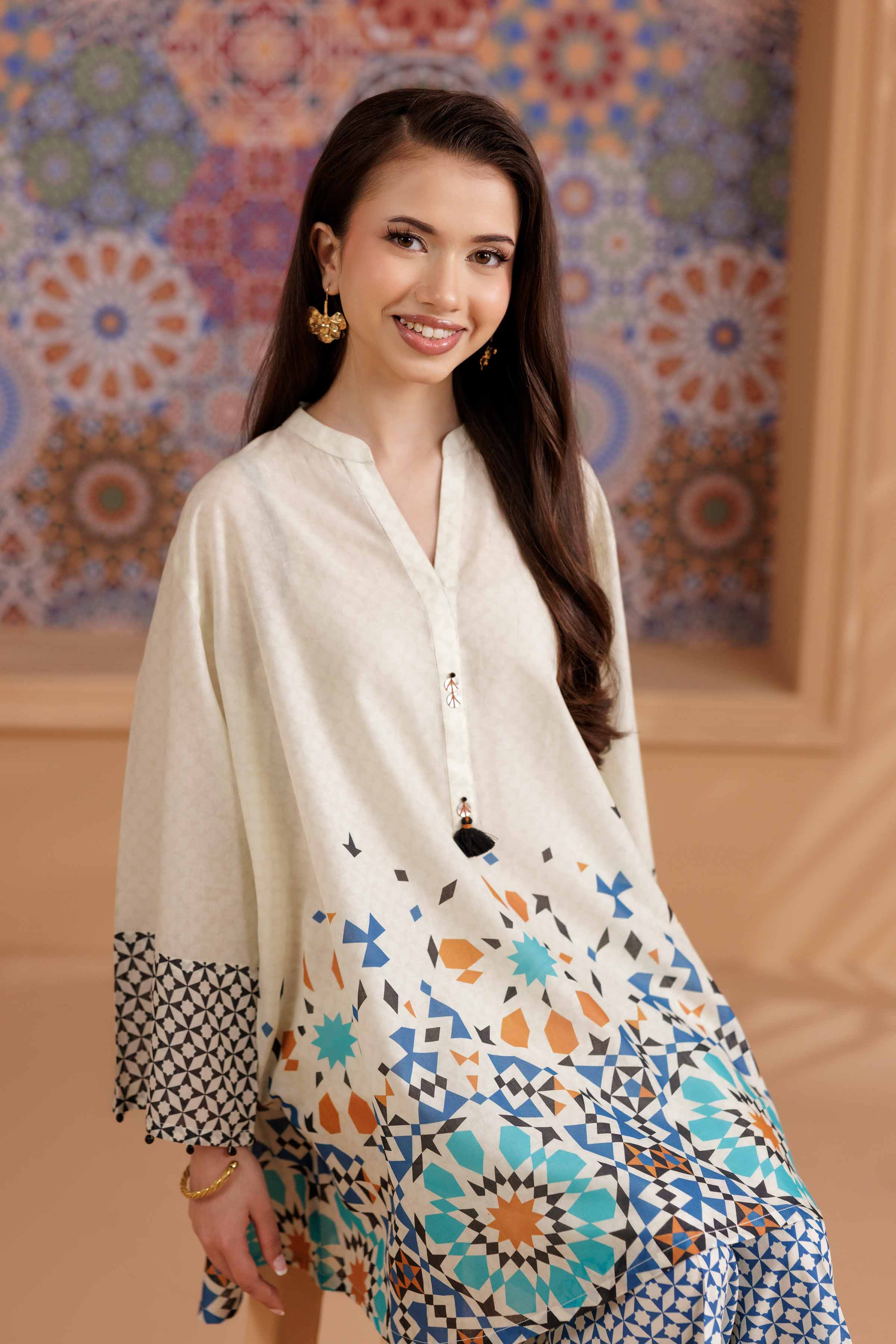NishatUK - Beige Printed  Lawn 2-piece ready to wear Dress