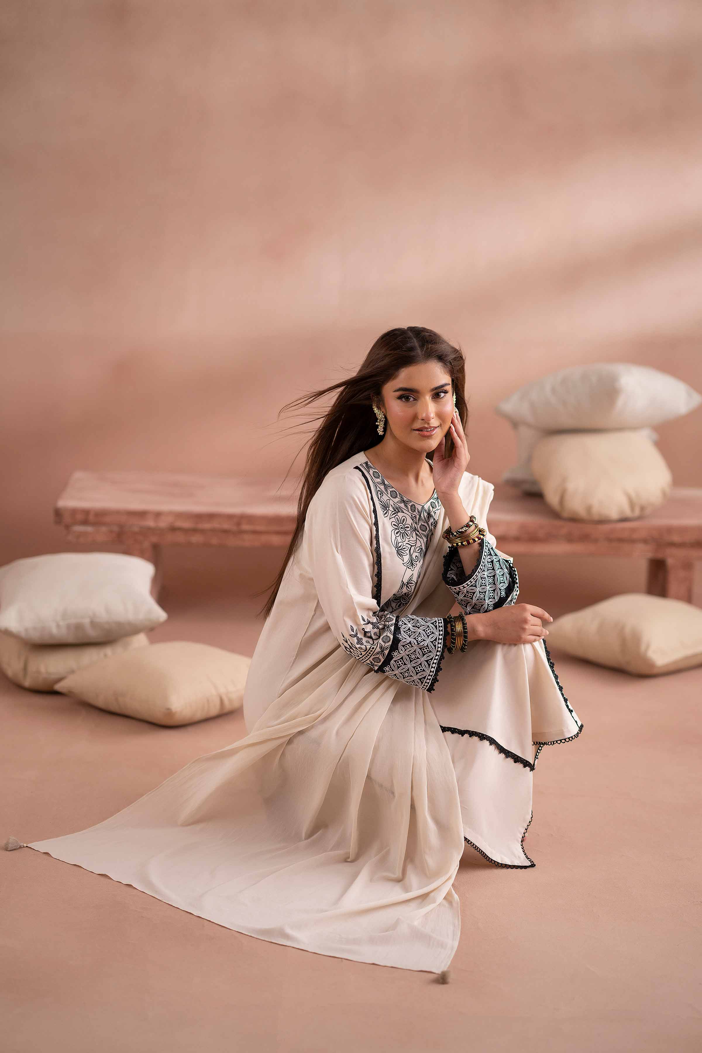 NishatUK - Off White Embroidered Cambric 3-piece ready to wear Suit