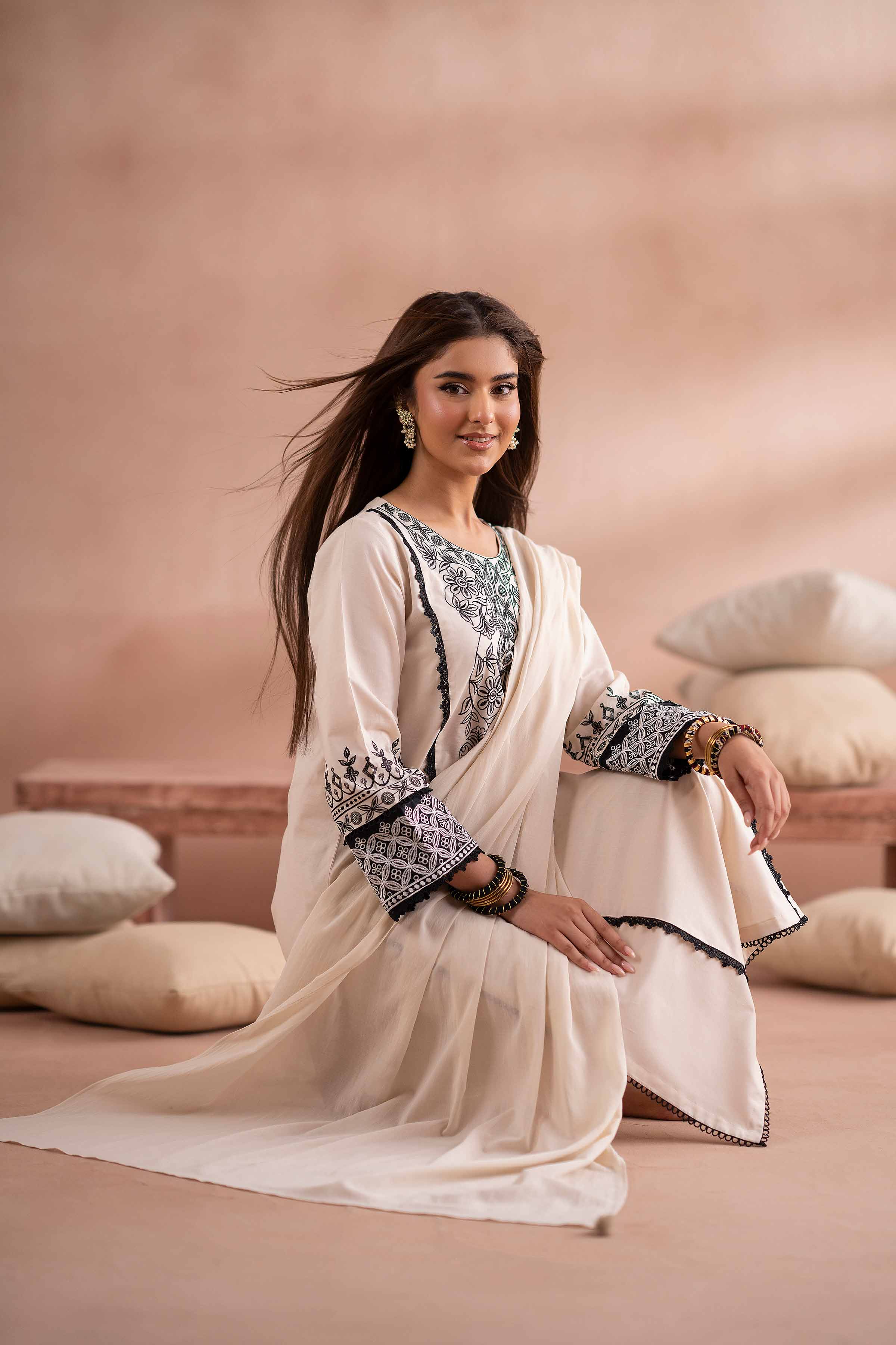 NishatUK - Off White Embroidered Cambric 3-piece ready to wear Suit