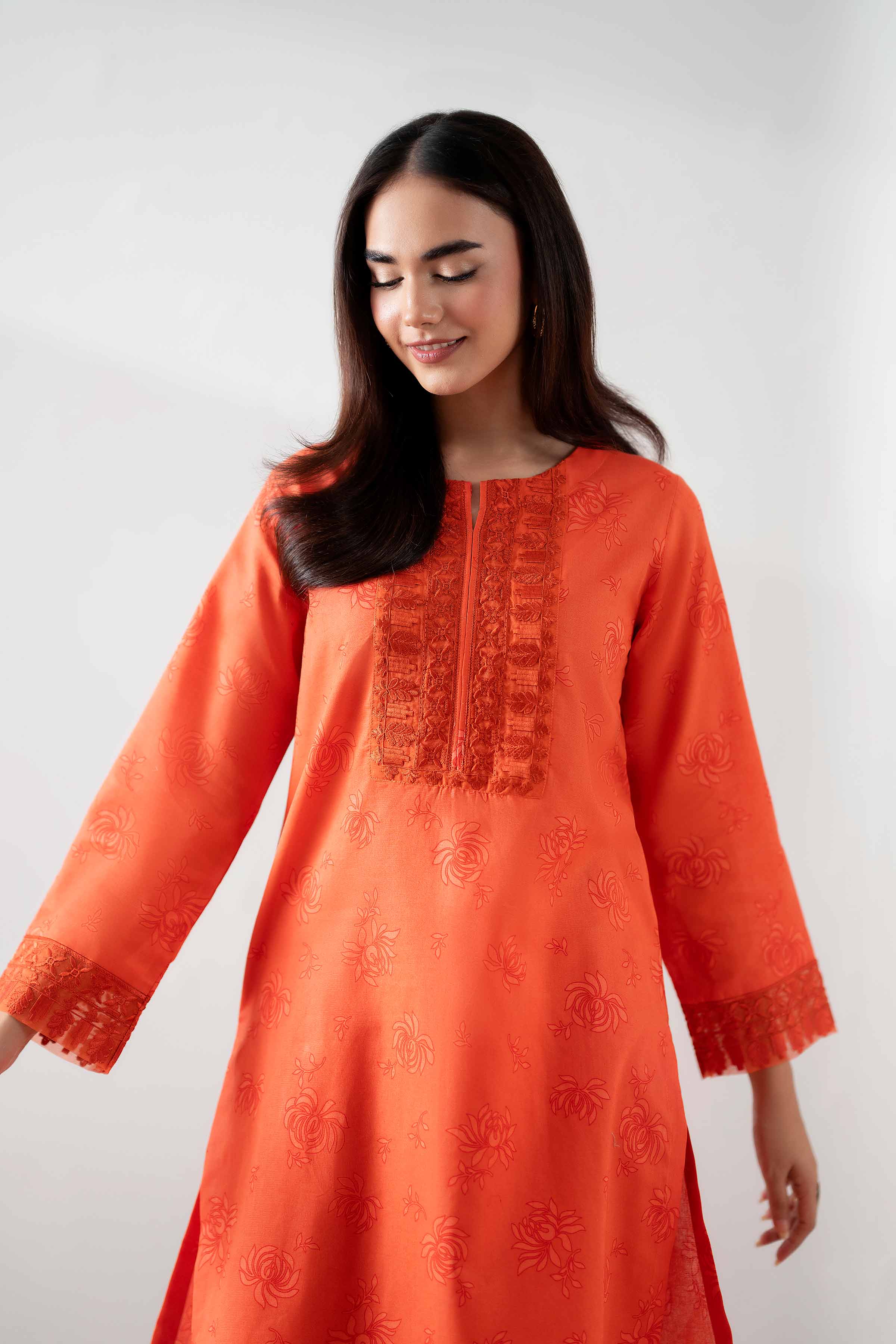 NishatUK - Orange Embroidered Cambric 2-piece ready to wear Dress