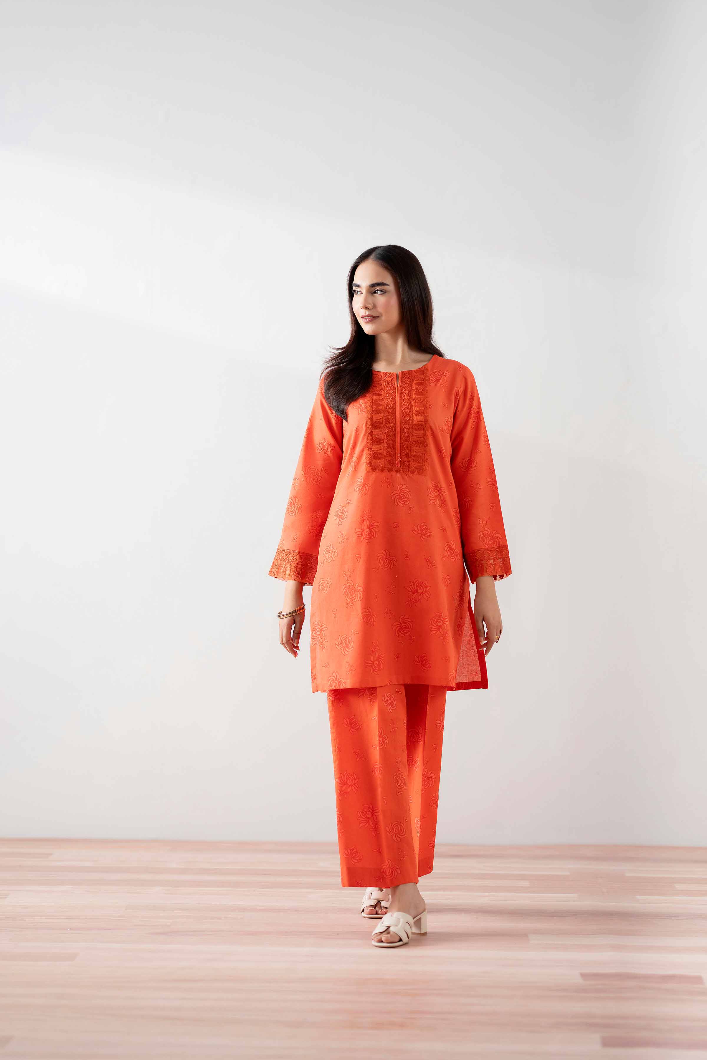 NishatUK - Orange Embroidered Cambric 2-piece ready to wear Dress