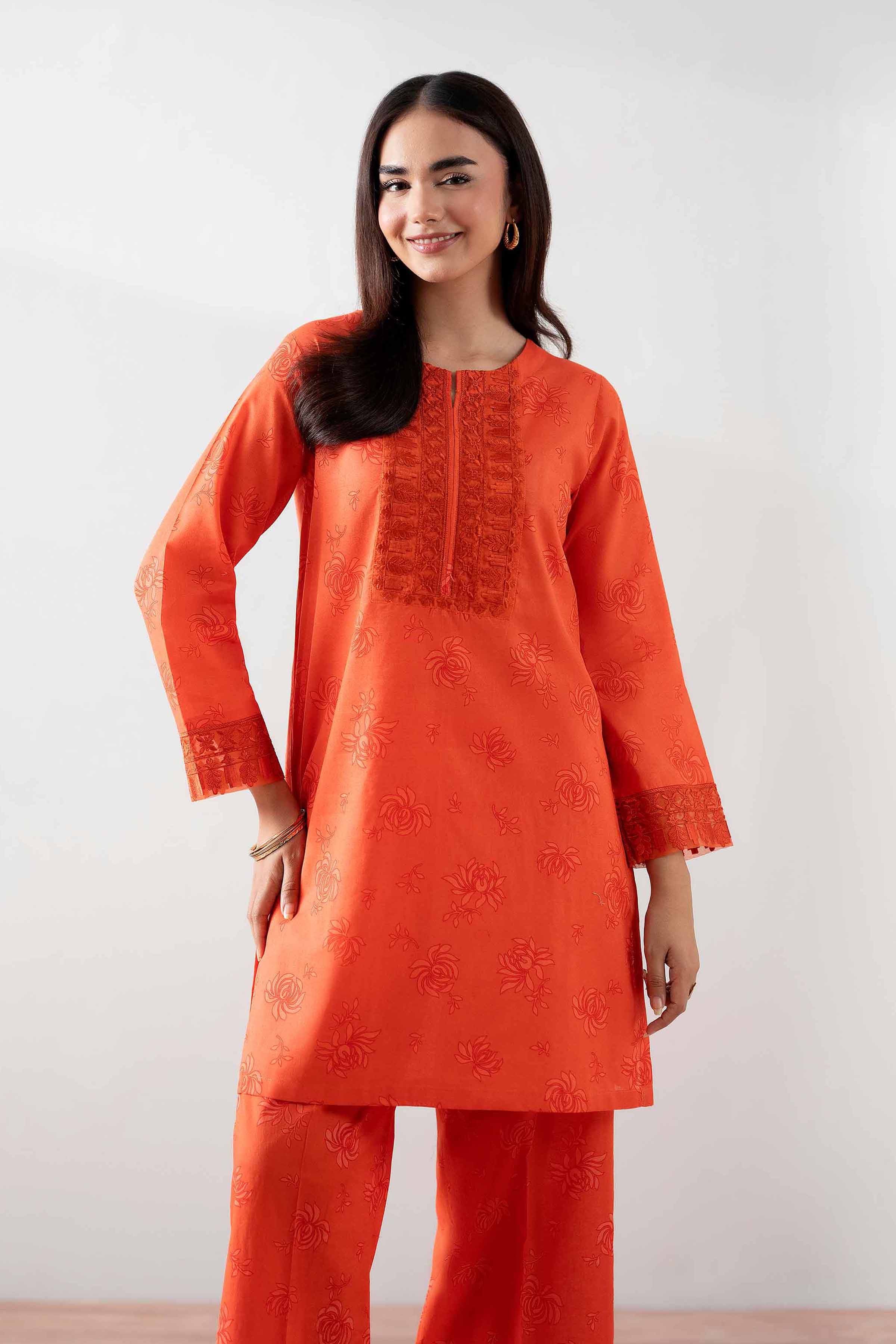 NishatUK - Orange Embroidered Cambric 2-piece ready to wear Dress