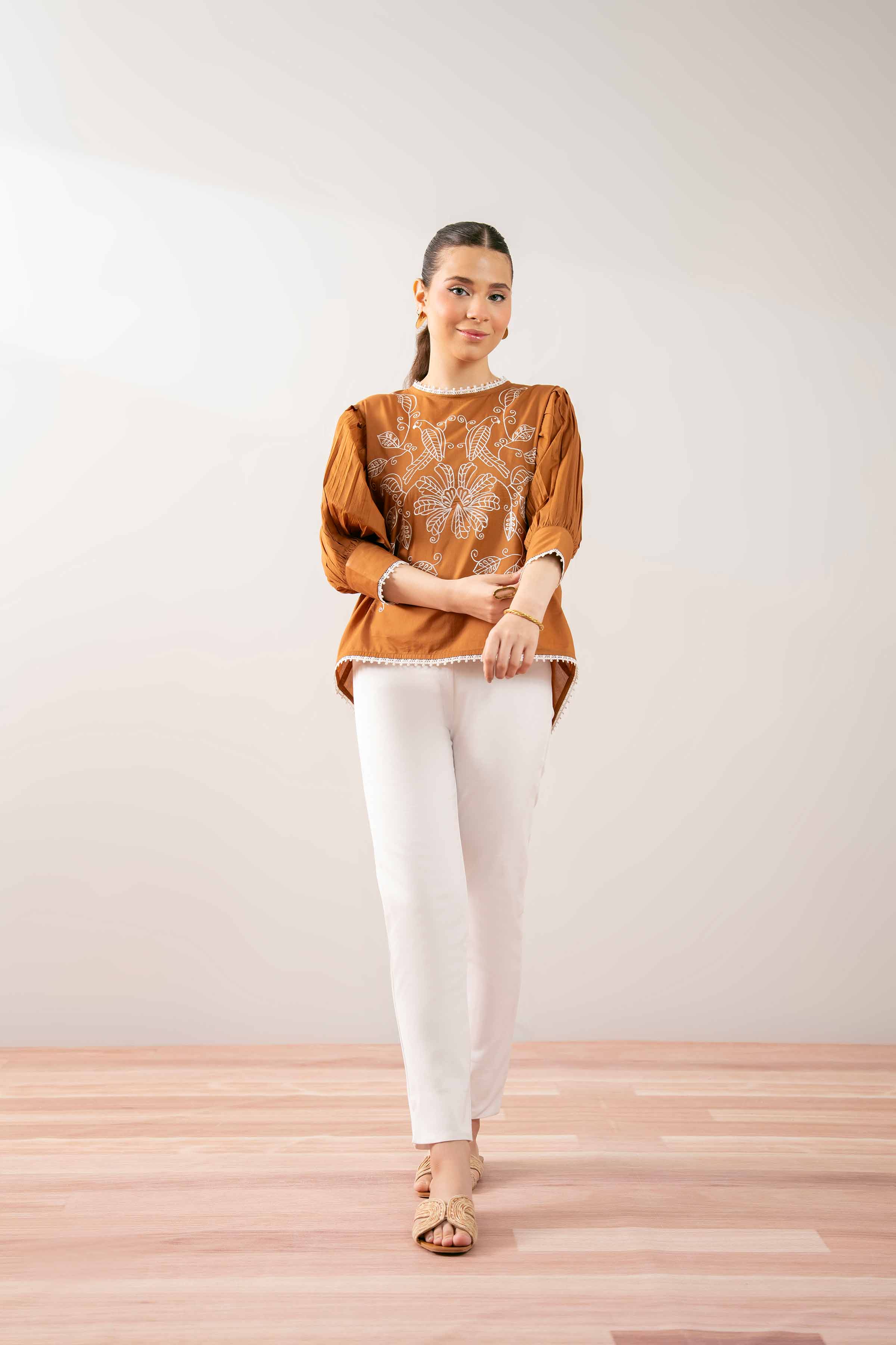 NishatUK - Brown Embroidered Cambric 1-piece ready to wear Tunic