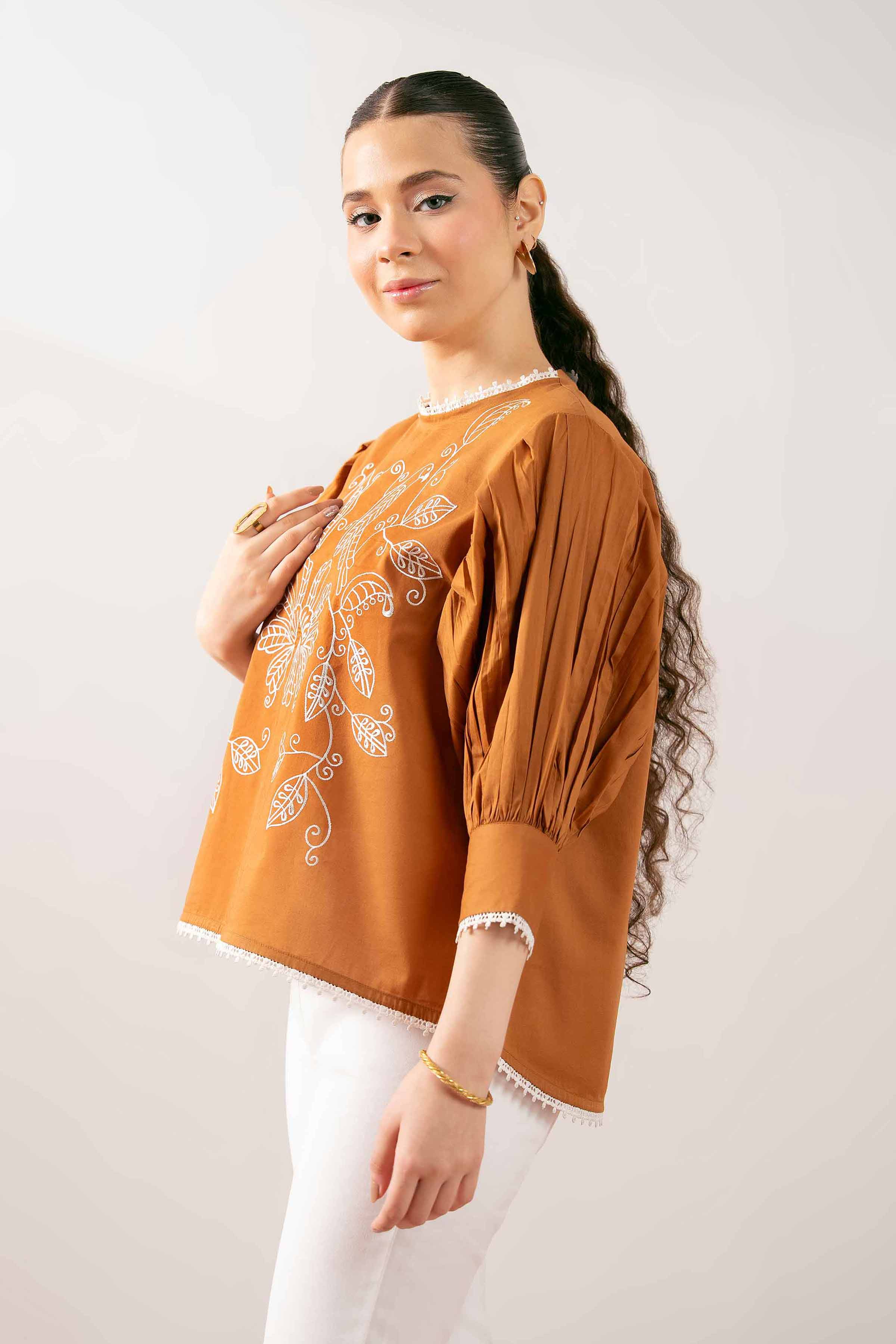 NishatUK - Brown Embroidered Cambric 1-piece ready to wear Tunic