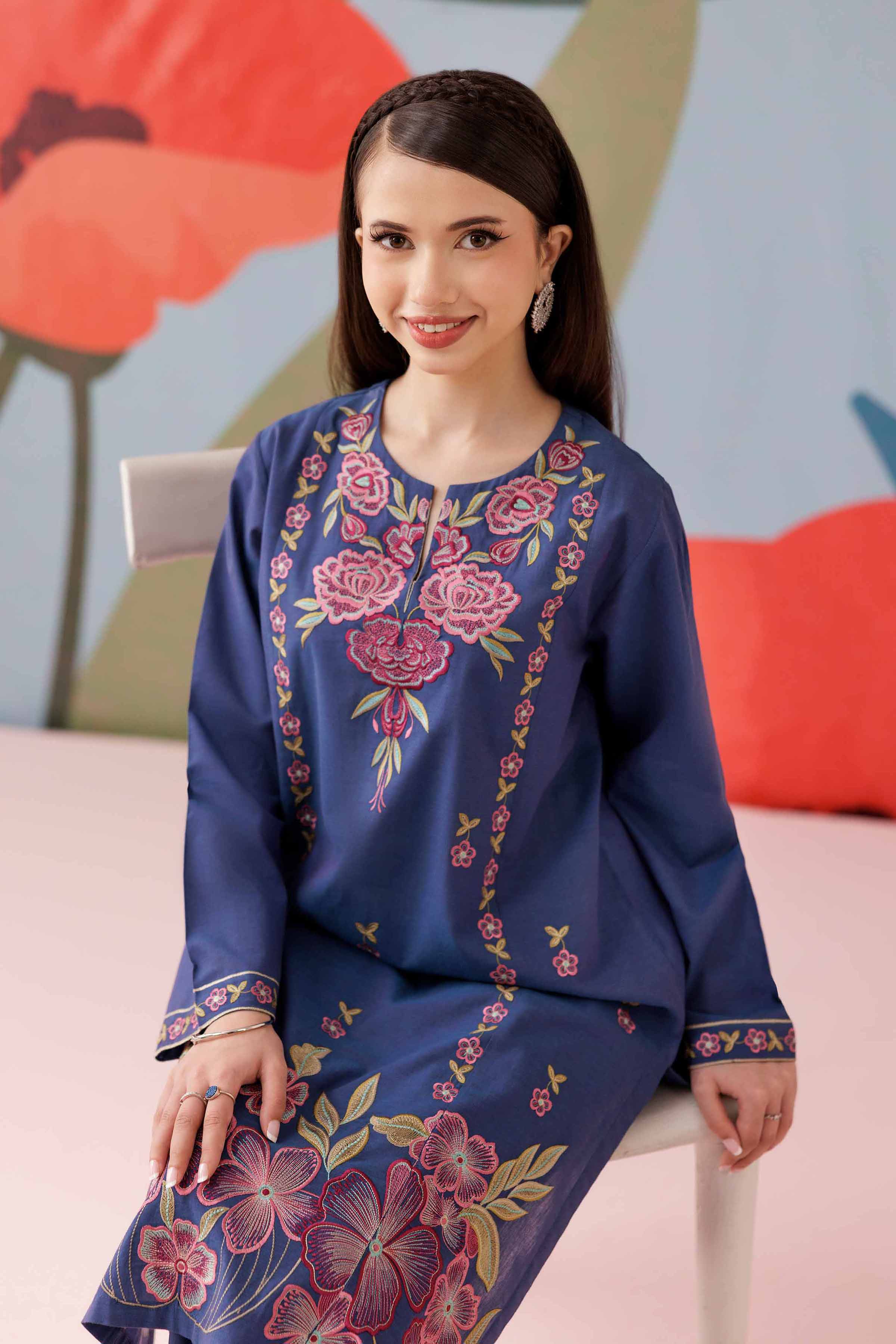 NishatUK - Blue Embroidered Yarn Dyed 2-piece ready to wear Dress