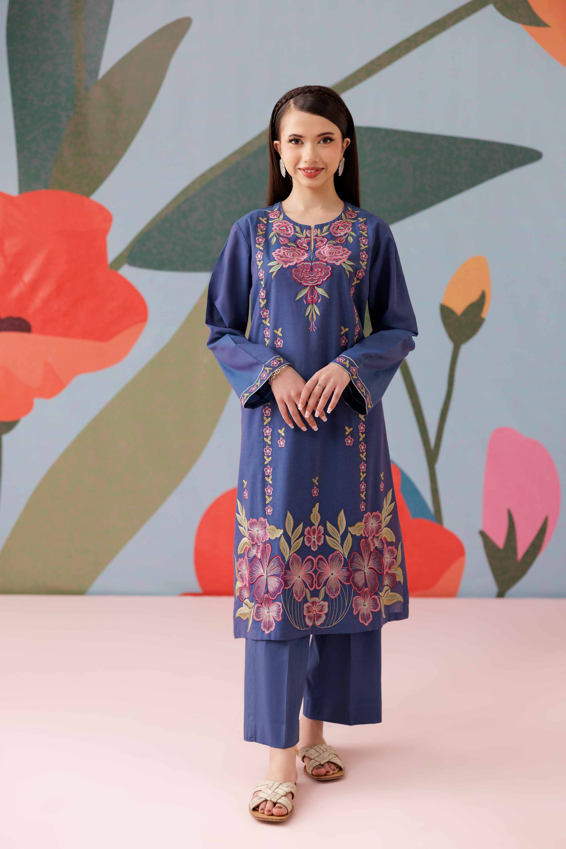 NishatUK - Blue Embroidered Yarn Dyed 2-piece ready to wear Dress