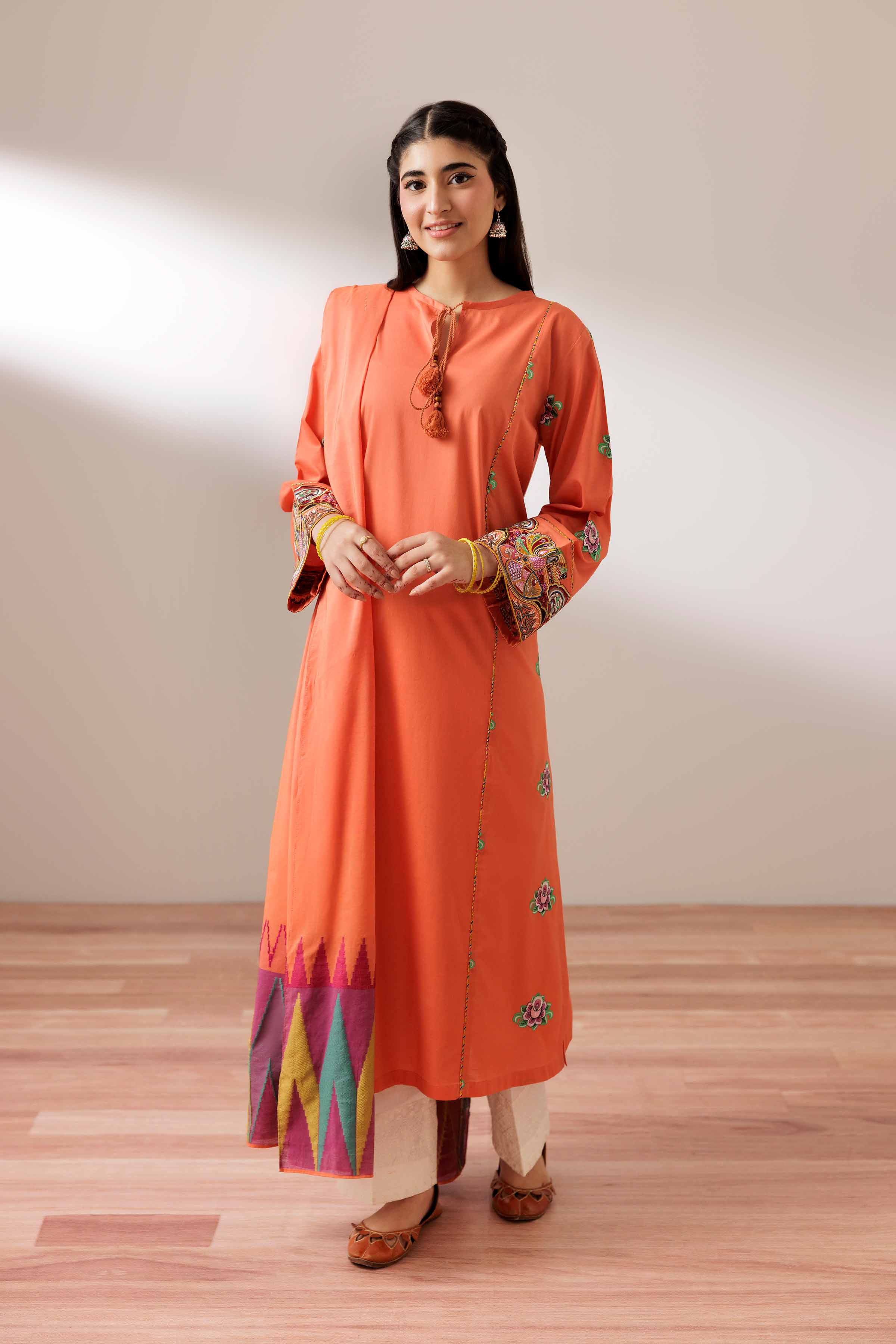 NishatUK - Orange Embroidered Cambric 2-piece ready to wear Dress