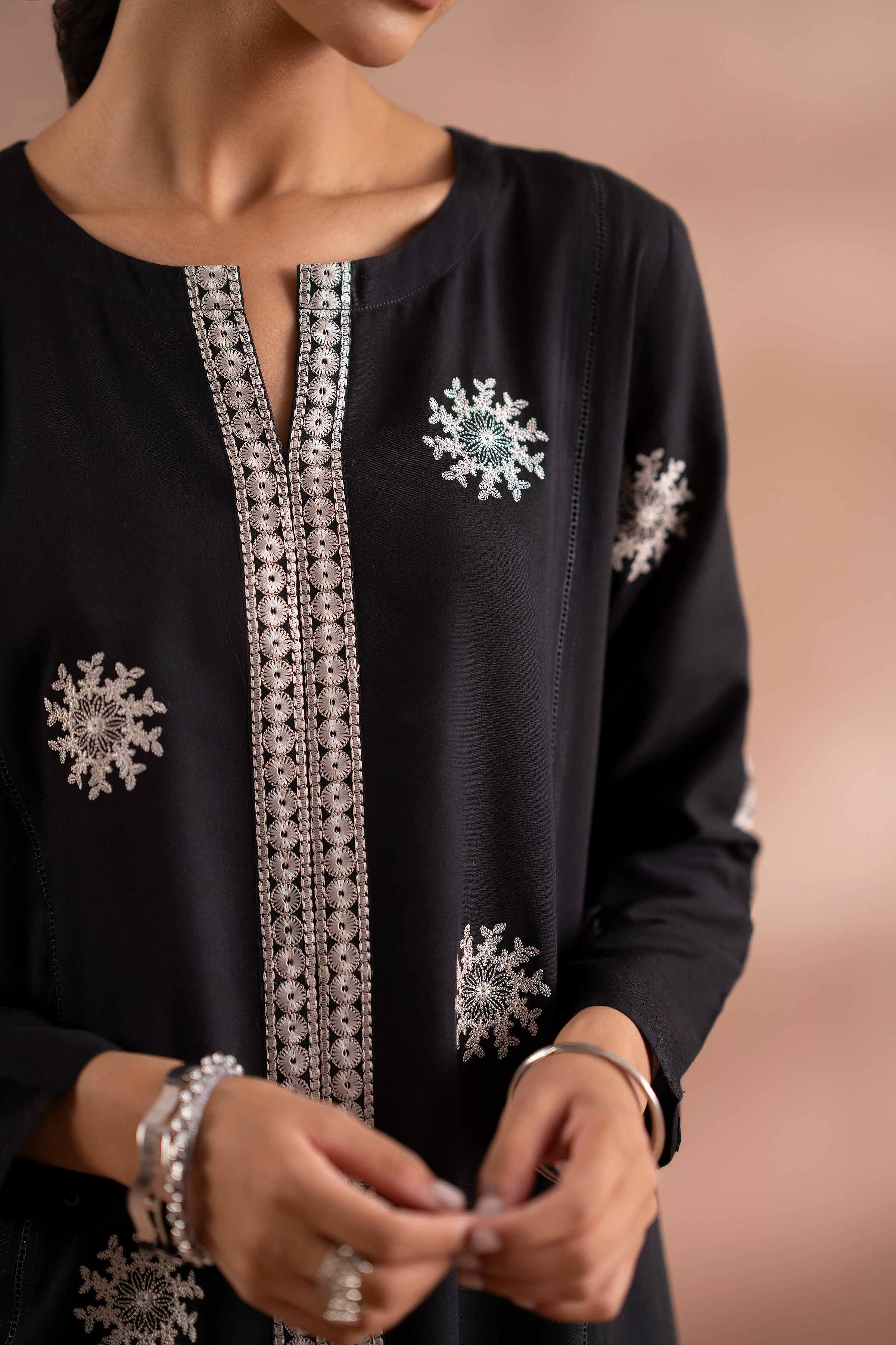 NishatUK - Black Embroidered Yarn Dyed 2-piece ready to wear Dress