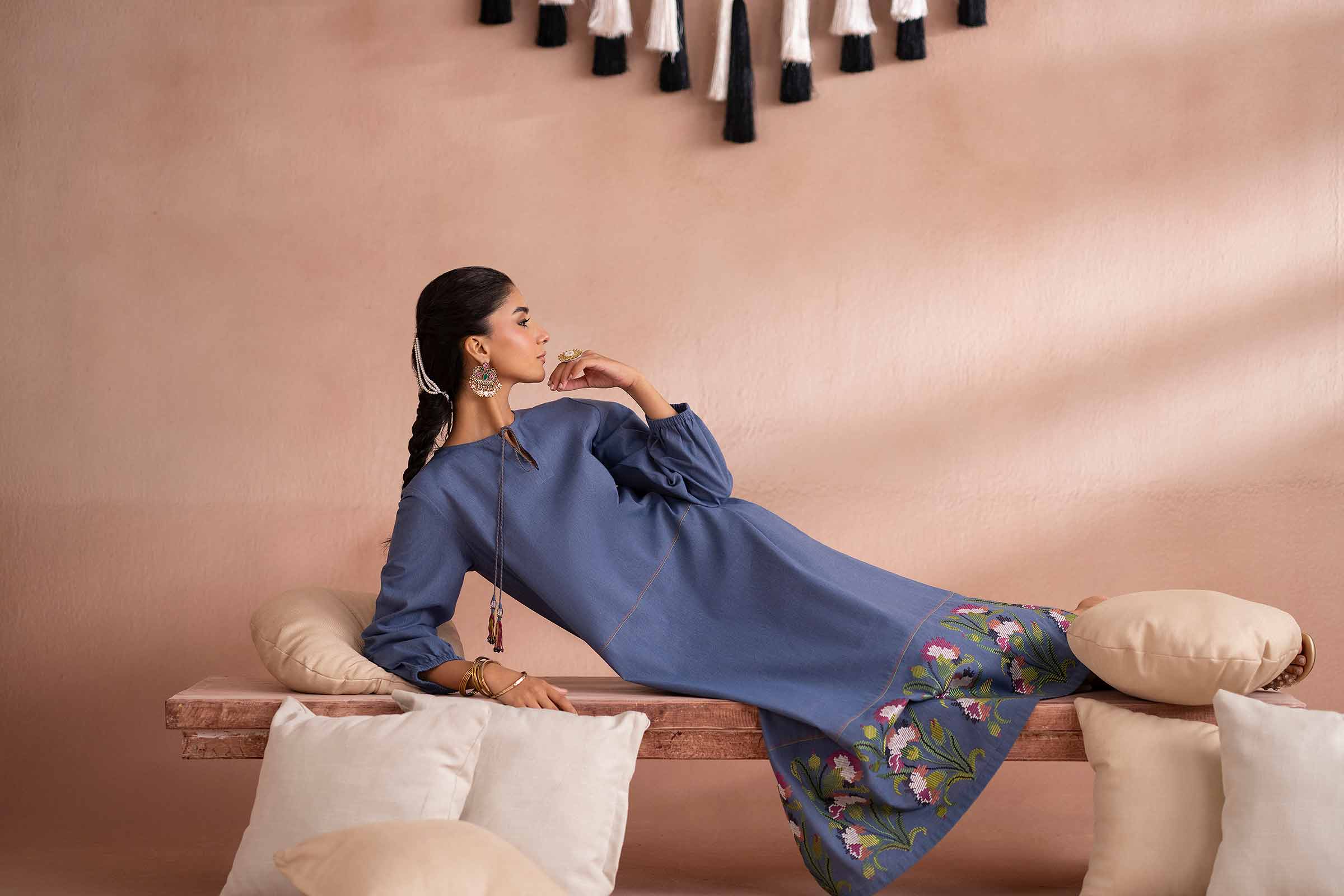 NishatUK - Blue Embroidered Yarn Dyed 1-piece ready to wear Shirt