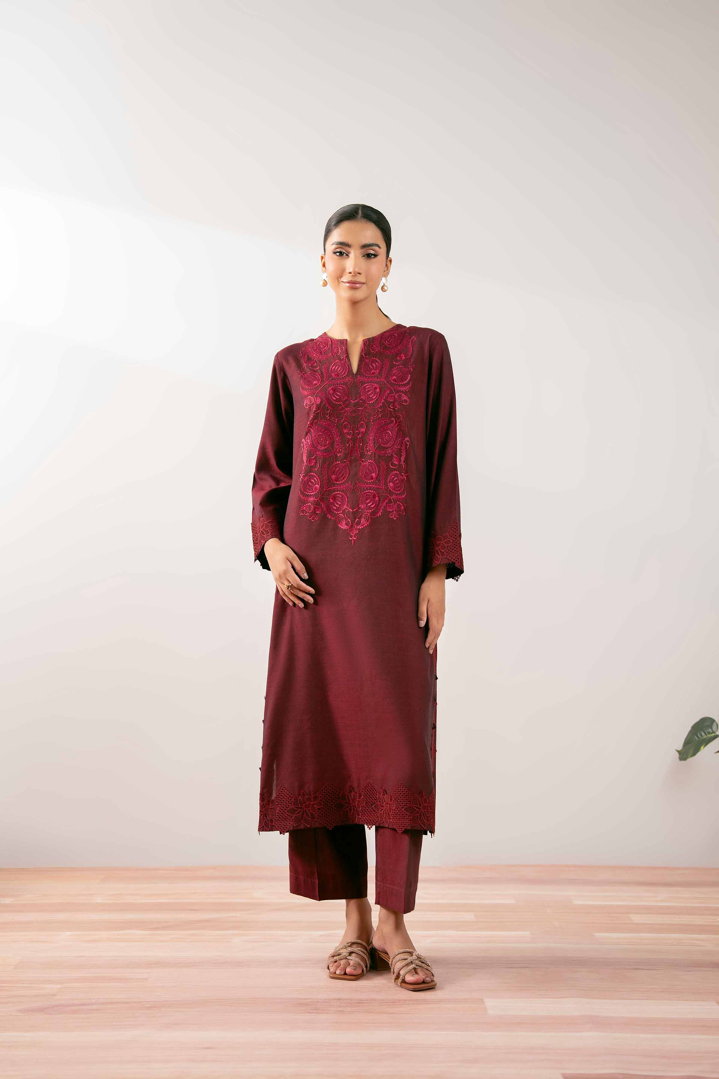 NishatUK - Maroon Embroidered Yarn Dyed 2-piece ready to wear Dress