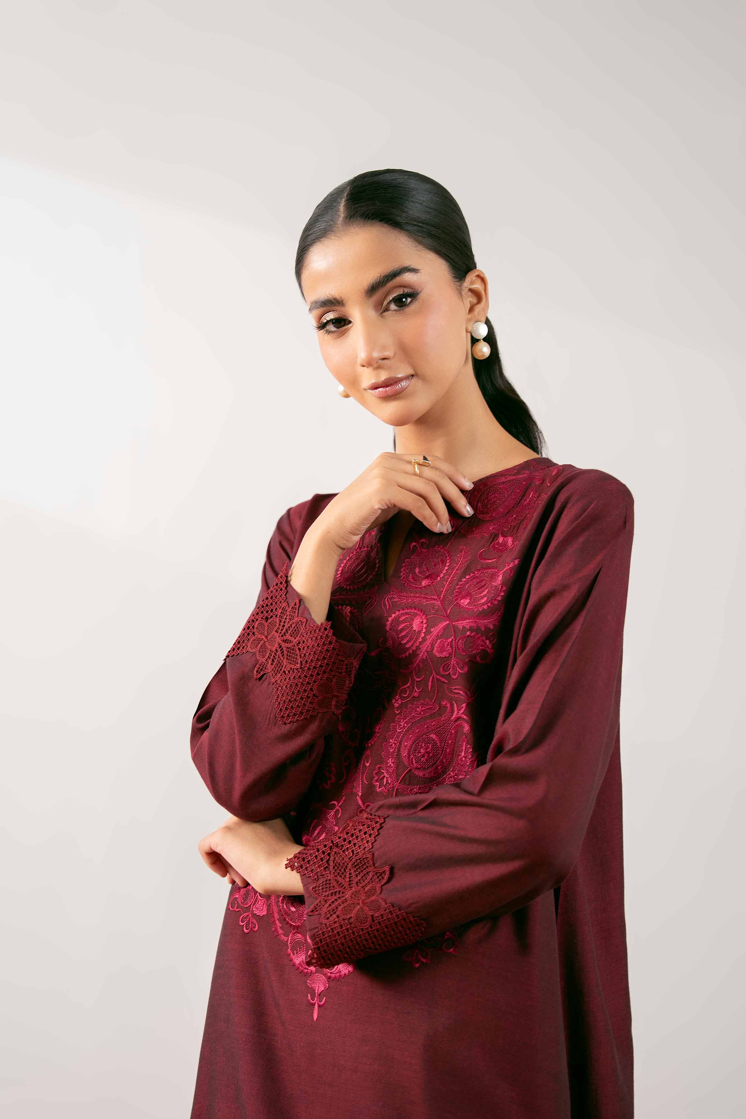 NishatUK - Maroon Embroidered Yarn Dyed 2-piece ready to wear Dress