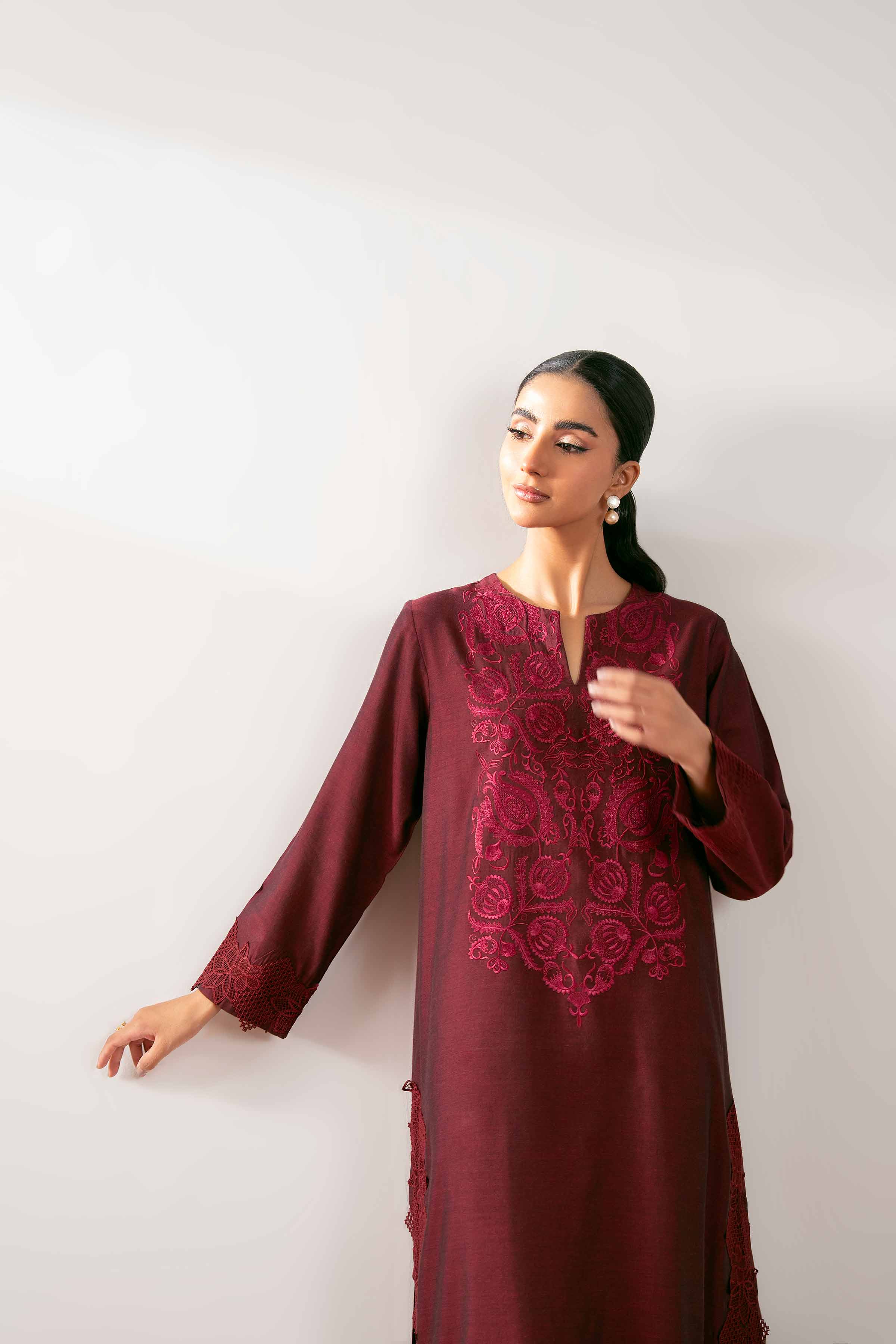 NishatUK - Maroon Embroidered Yarn Dyed 2-piece ready to wear Dress
