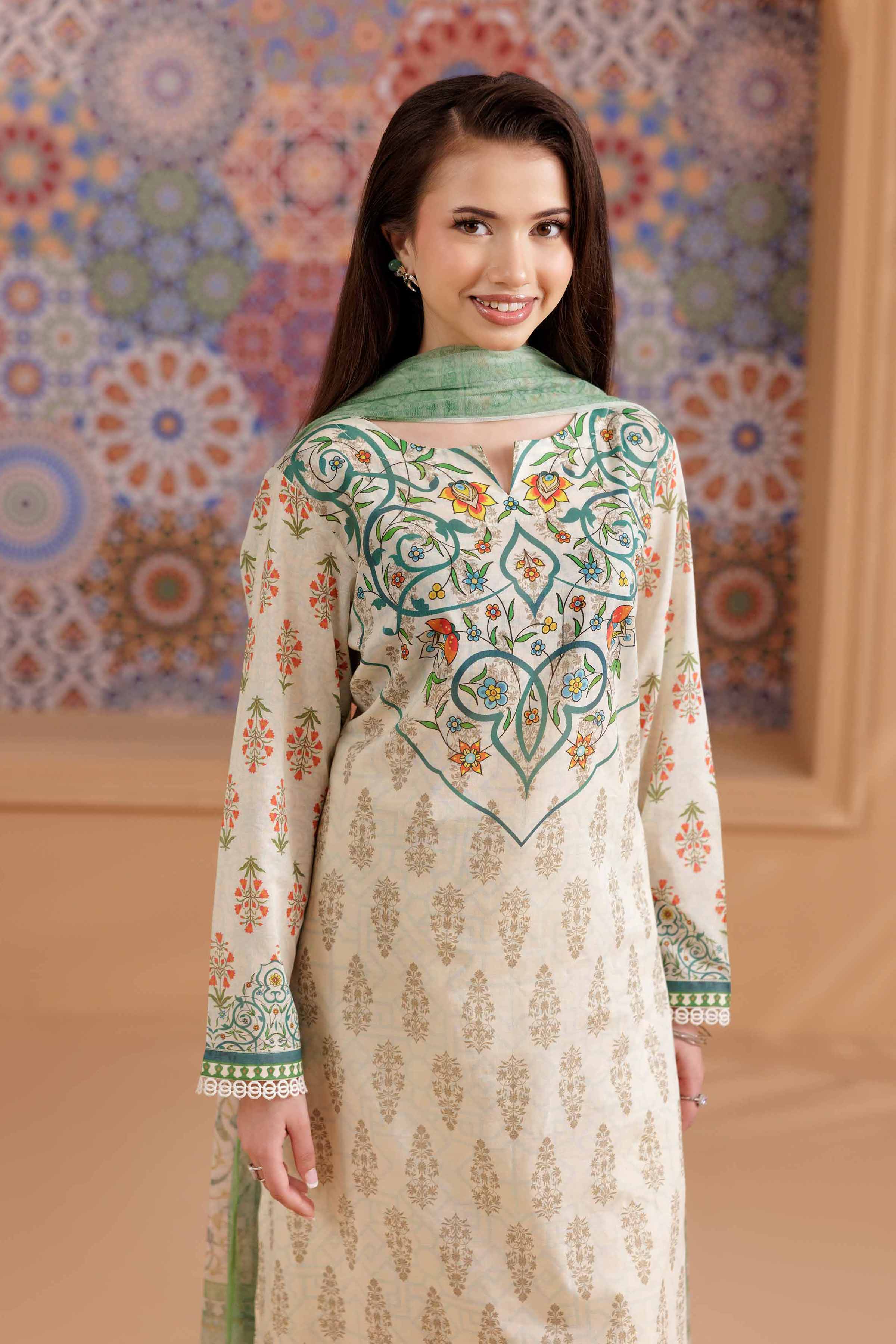 NishatUK - Beige Printed  Cambric 3-piece ready to wear Suit