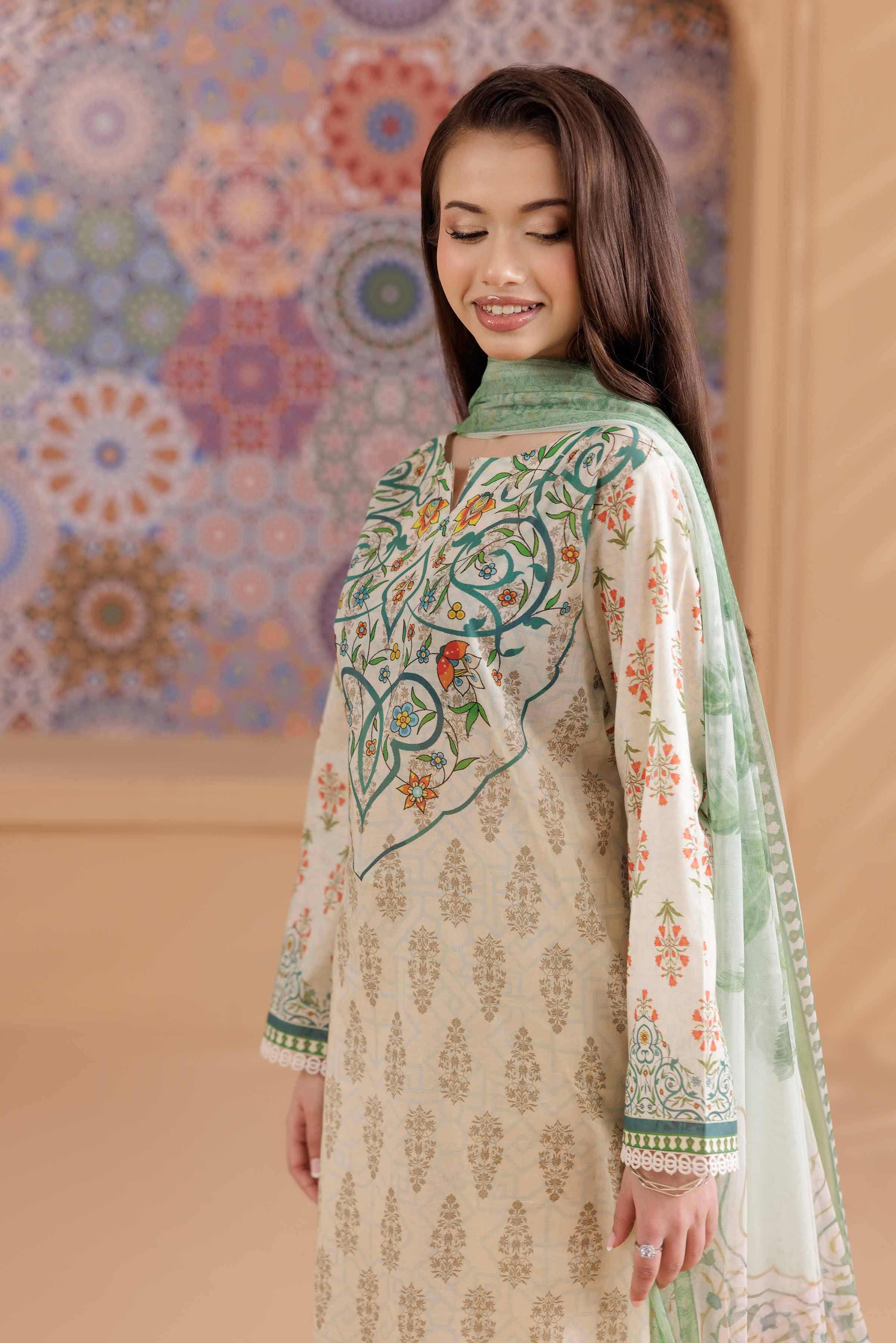 NishatUK - Beige Printed  Cambric 3-piece ready to wear Suit