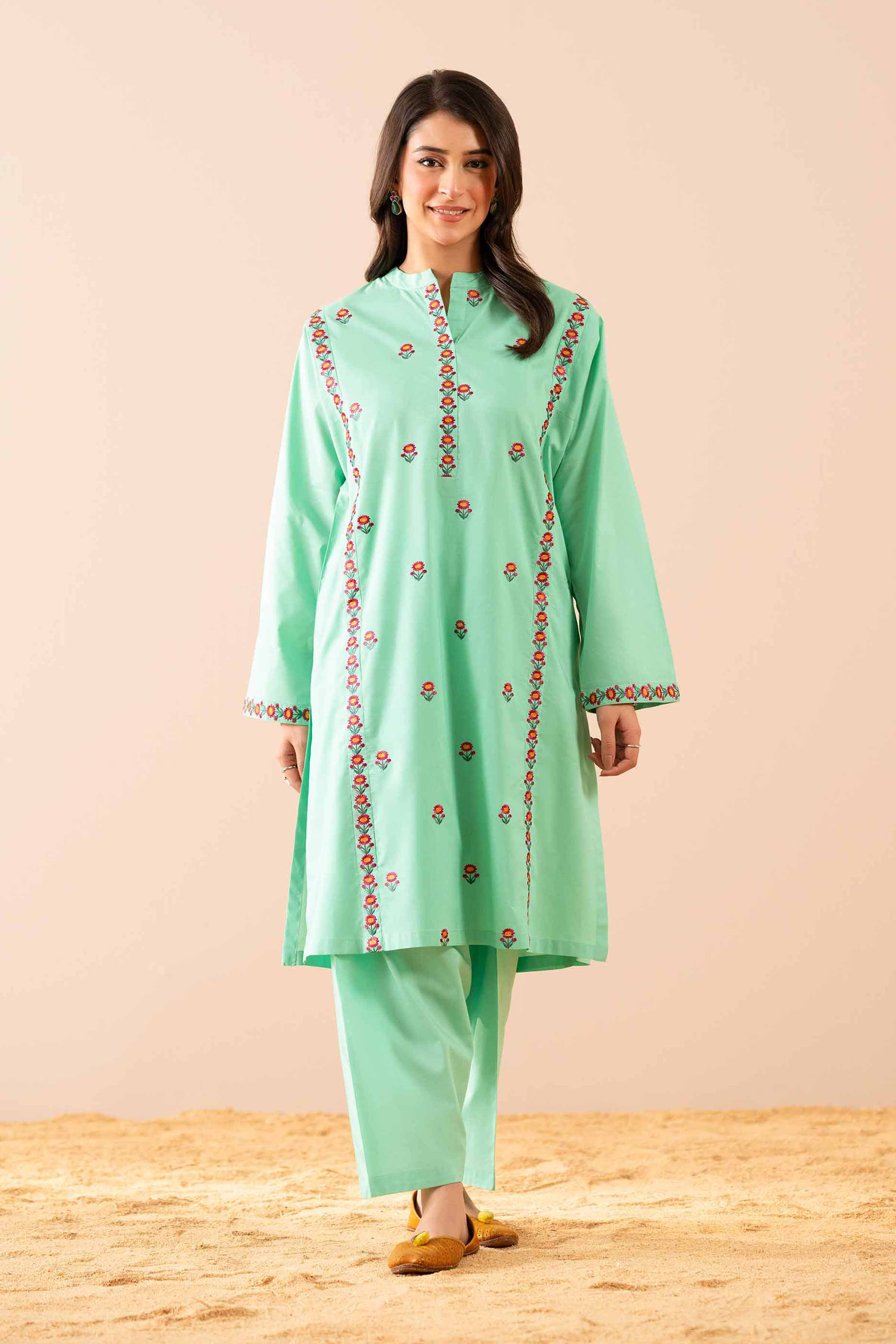 NishatUK - Green Embroidered   Cambric 2-piece ready to wear Dress