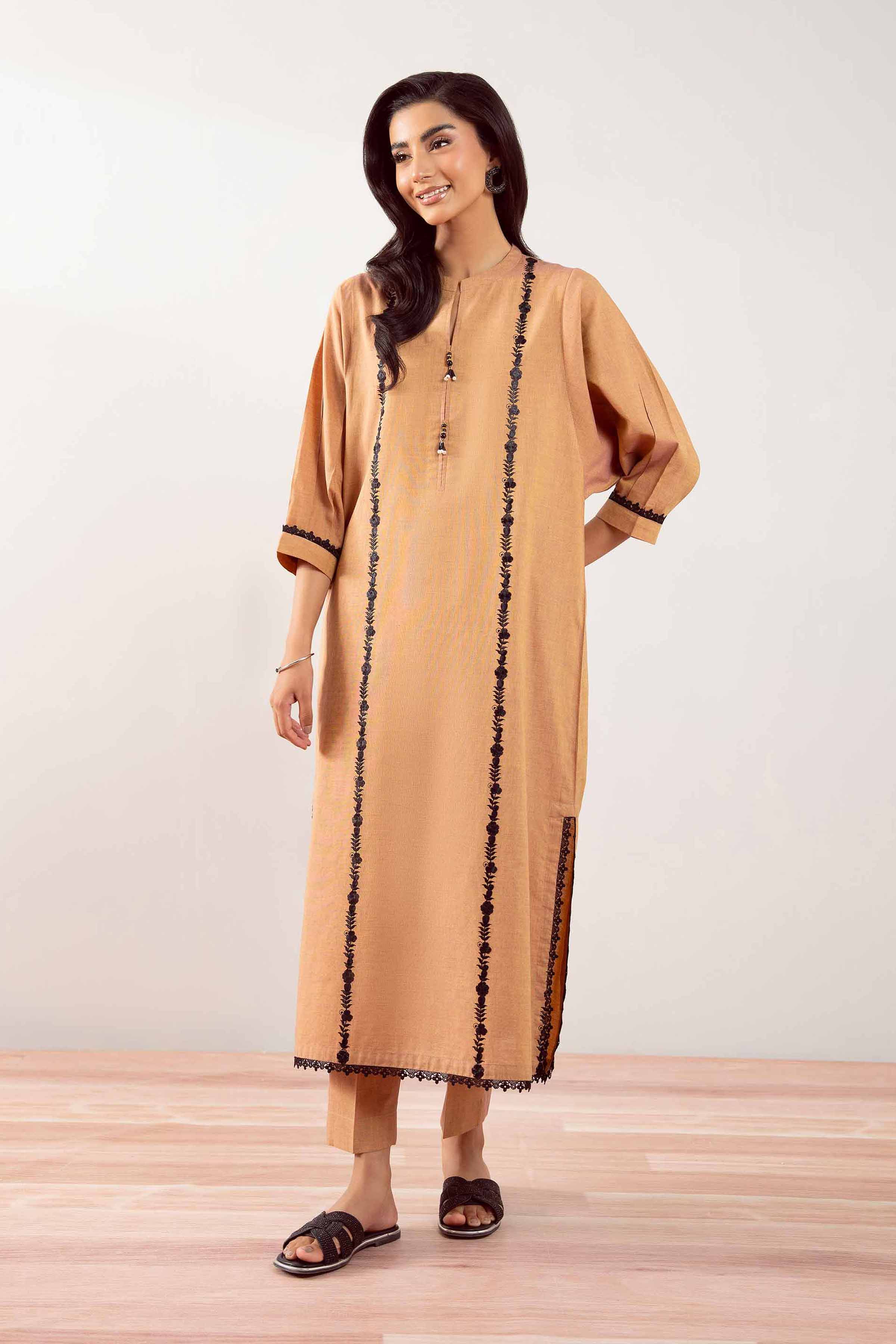 NishatUK - Mustard Brown Embroidered Yarn Dyed 2-piece ready to wear Dress