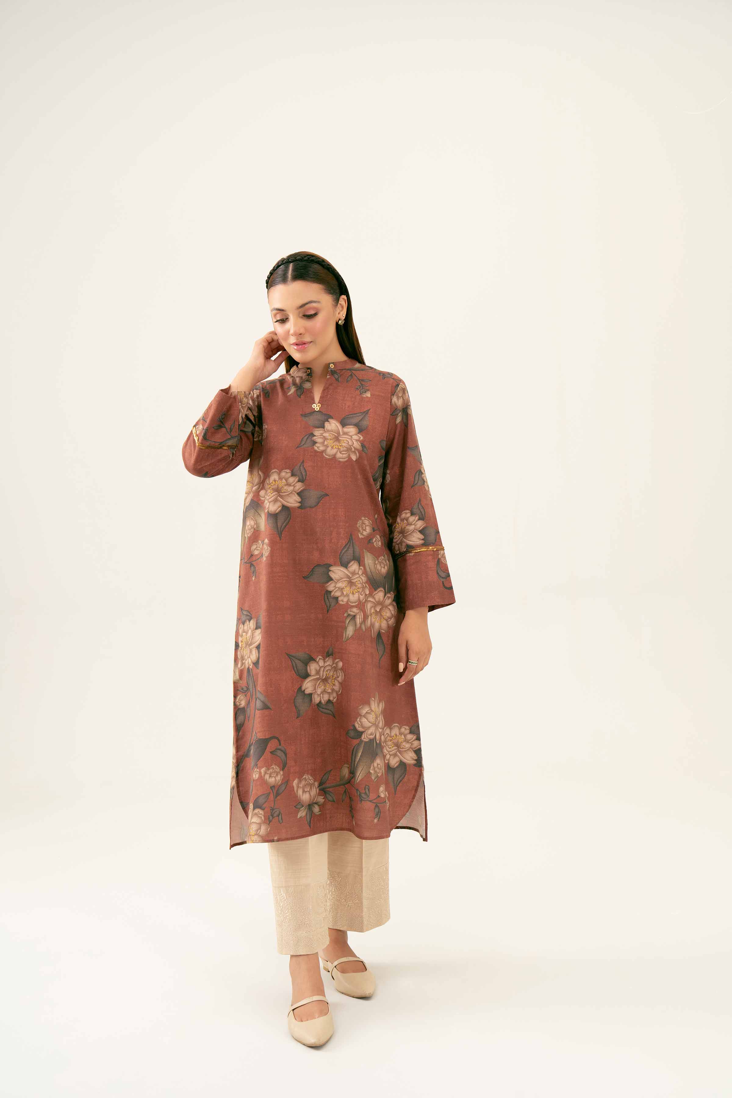 NishatUK - Brown Printed Khaddar 1-piece ready to wear Shirt