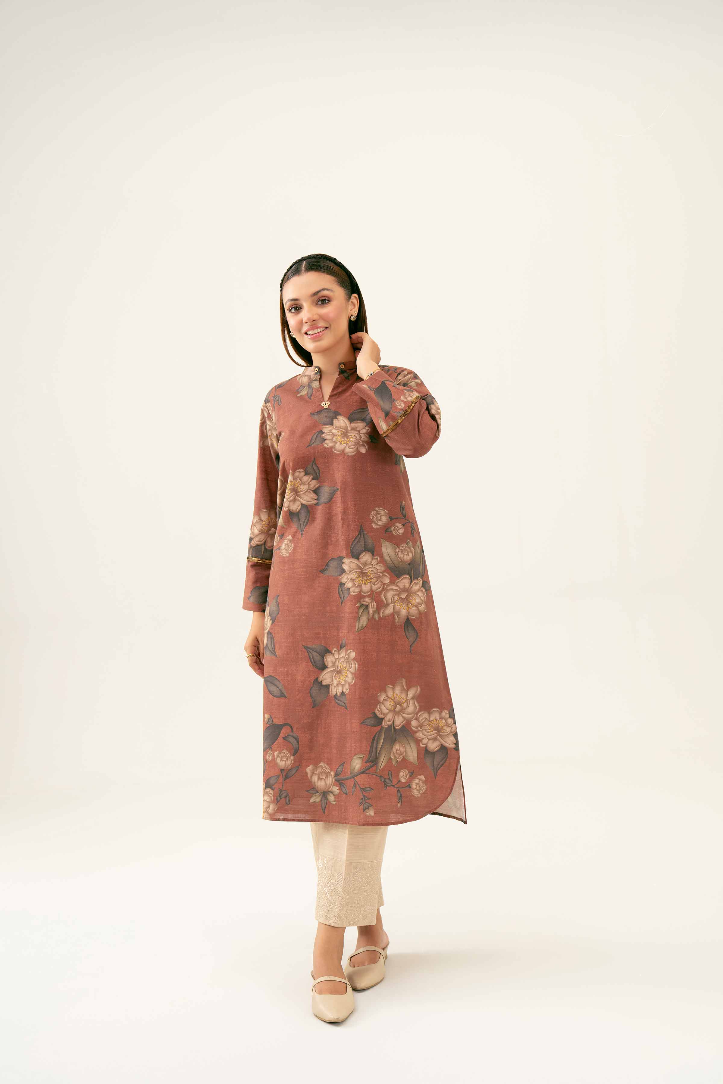NishatUK - Brown Printed Khaddar 1-piece ready to wear Shirt