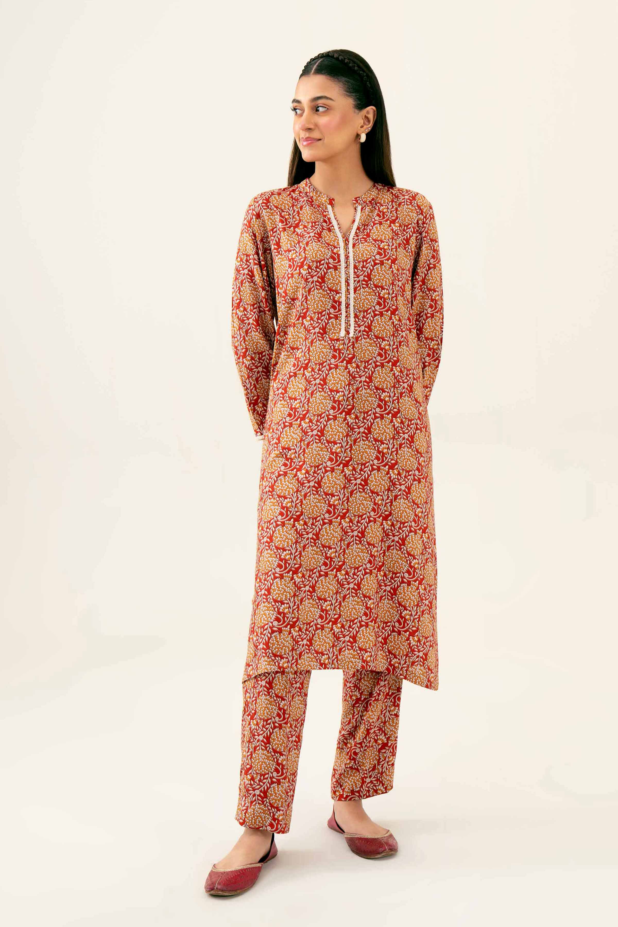 NishatUK - Maroon Printed Linen 2-piece ready to wear Dress