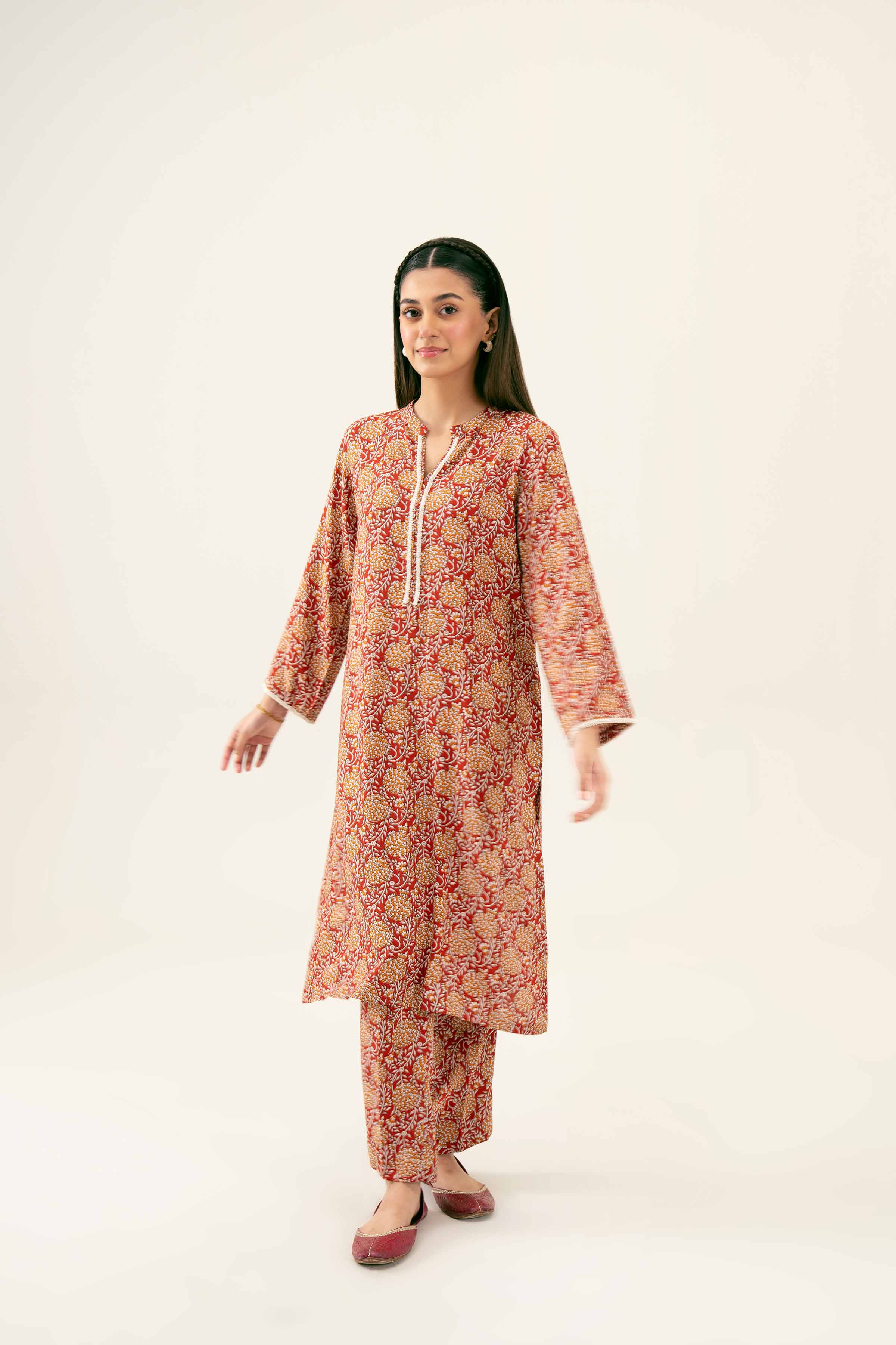 NishatUK - Maroon Printed Linen 2-piece ready to wear Dress
